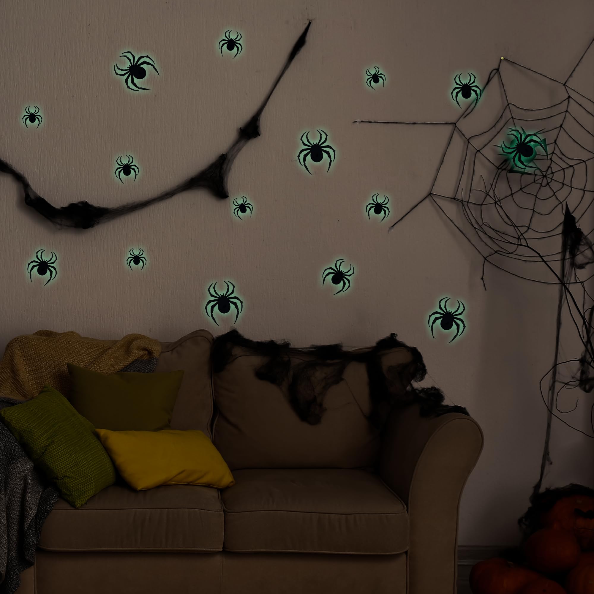 Halloween party setup featuring Dazzle Bright spider decorations