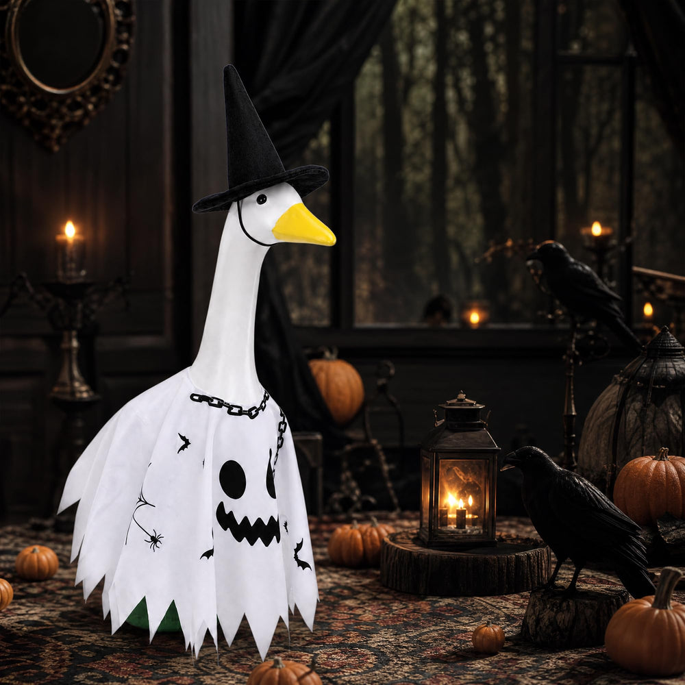 Halloween porch decoration with ghost goose outfit