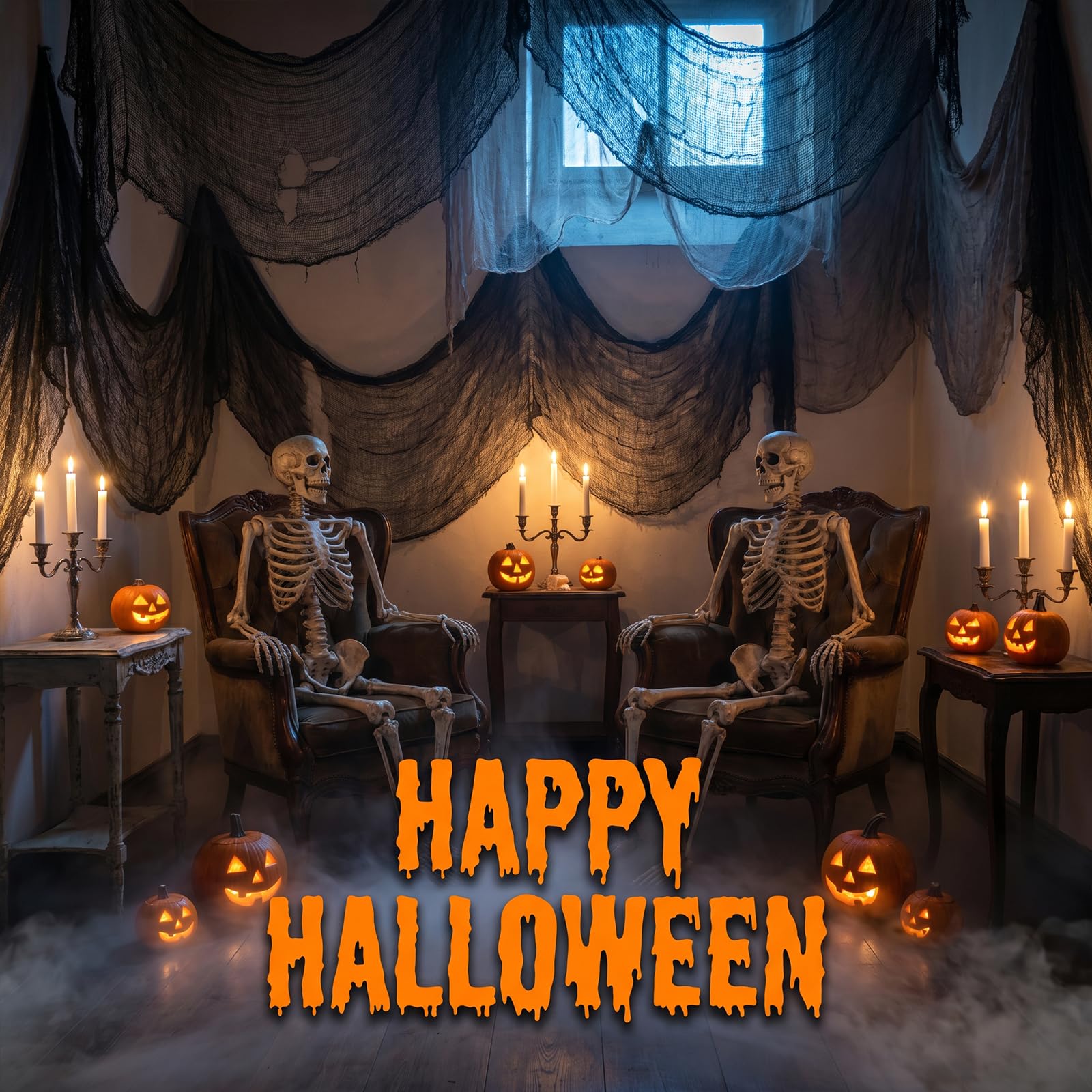 Halloween setup with Cyantor Creepy Cloth and decorations