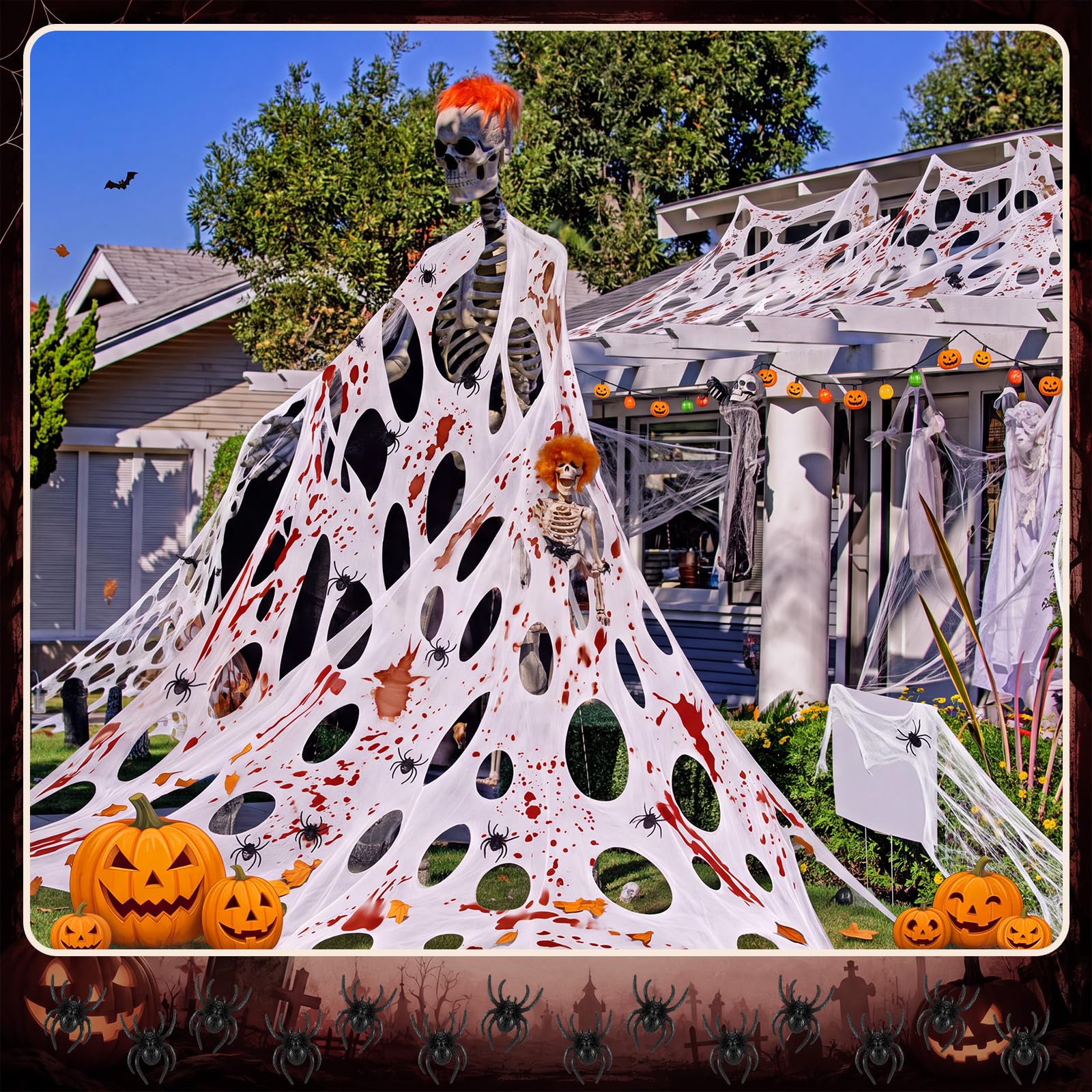 Halloween setup with Geelin spider web in garden