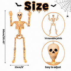 Halloween skeletons displayed on a porch with lights on