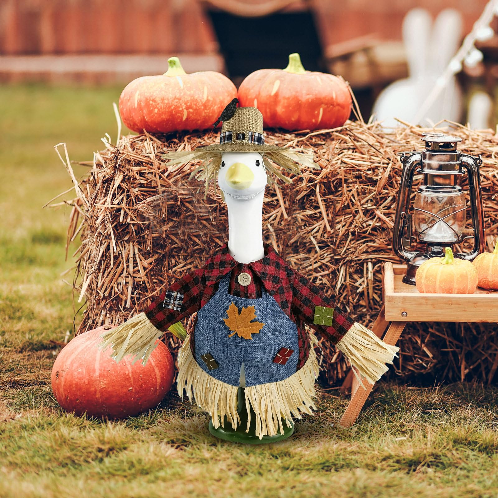 HALSHI Scarecrow Goose Outfit on porch goose sculpture