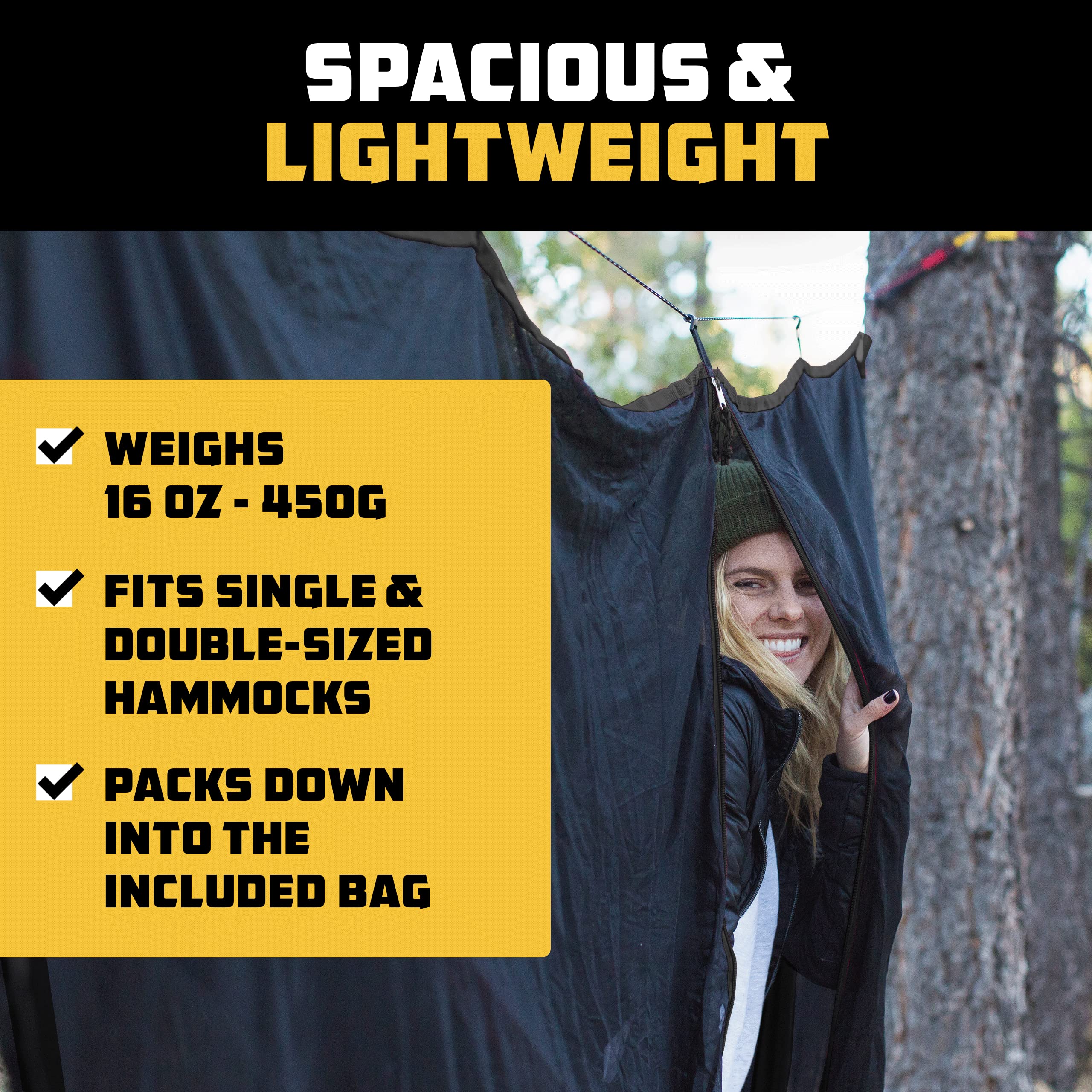 Hammock Bug Net setup in a wooded camping area