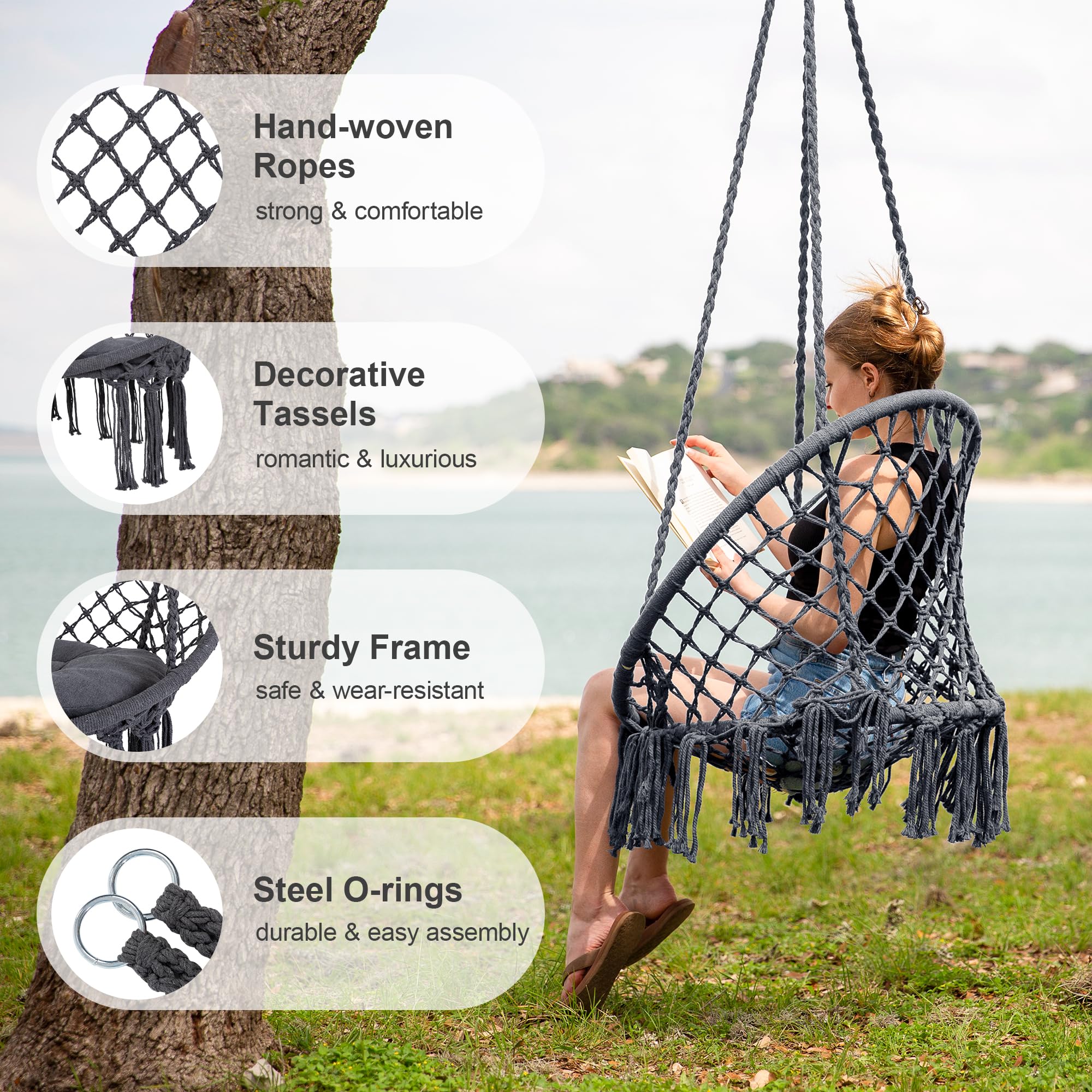 Hammock Chair hanging on a porch with greenery in background