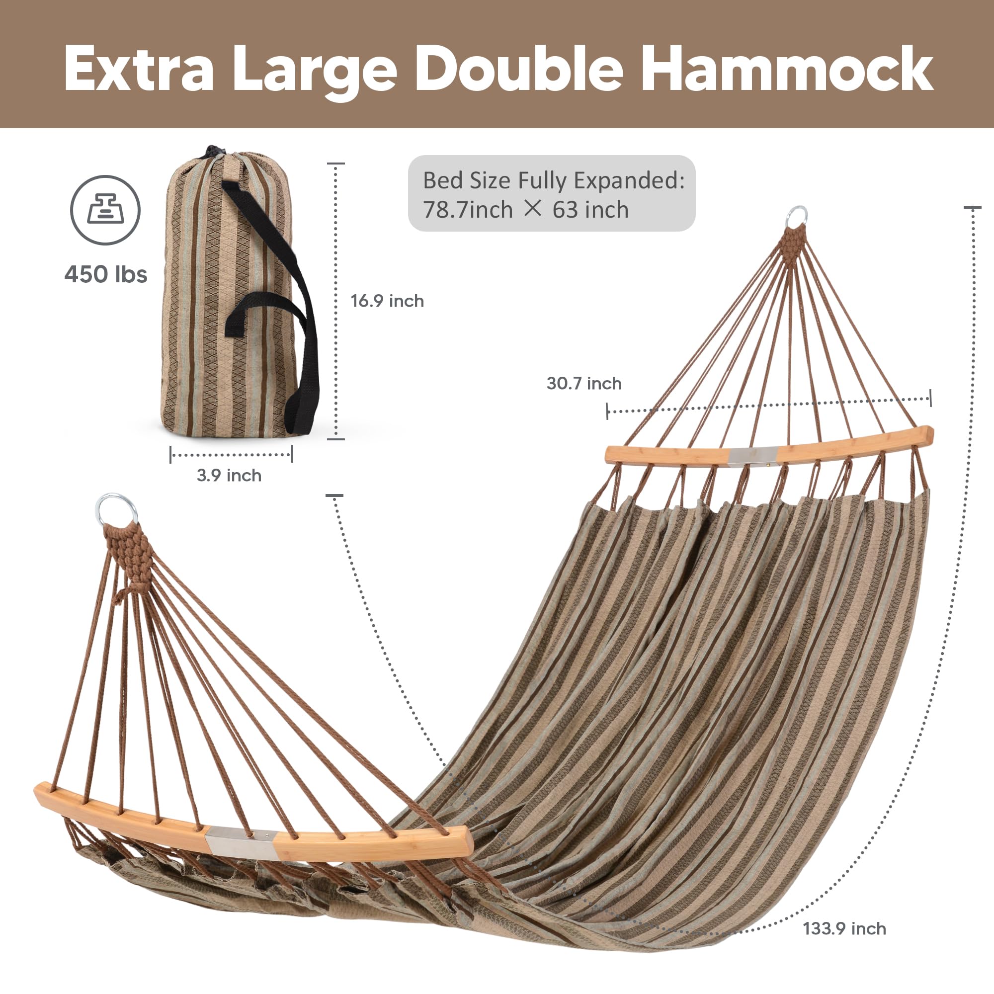 Hammock showing the strong wooden spreader bar