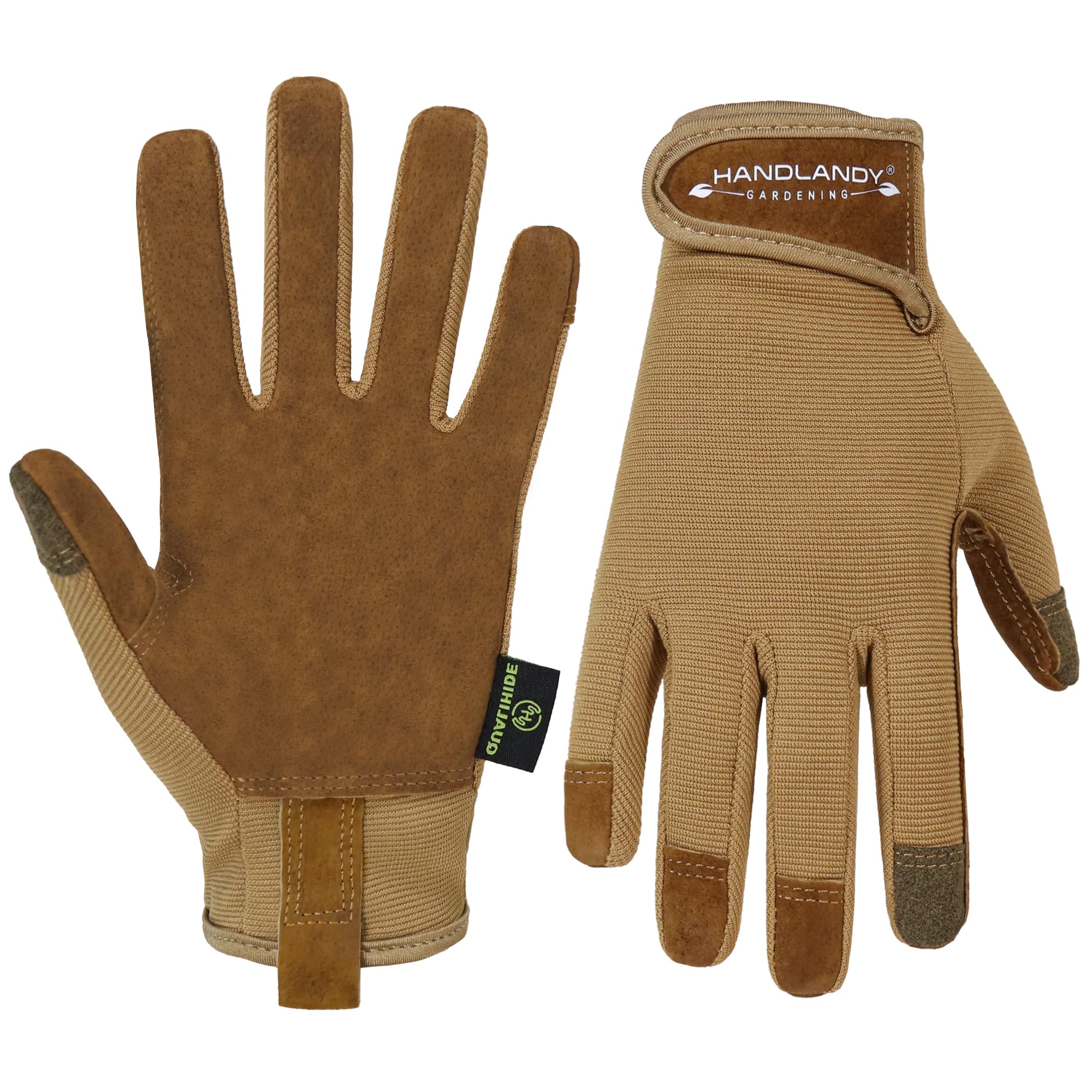 HANDLANDY Gardening Gloves for Women front view, brown leather