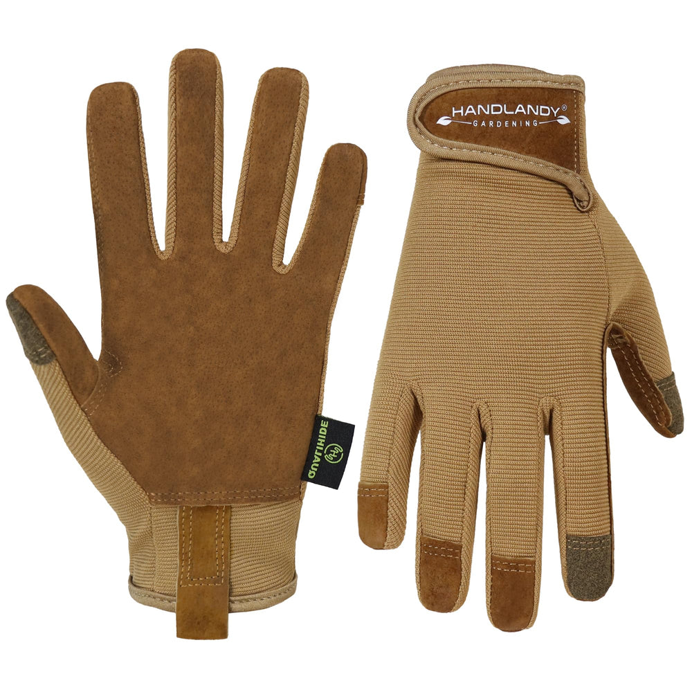 HANDLANDY Gardening Gloves for Women front view, brown leather