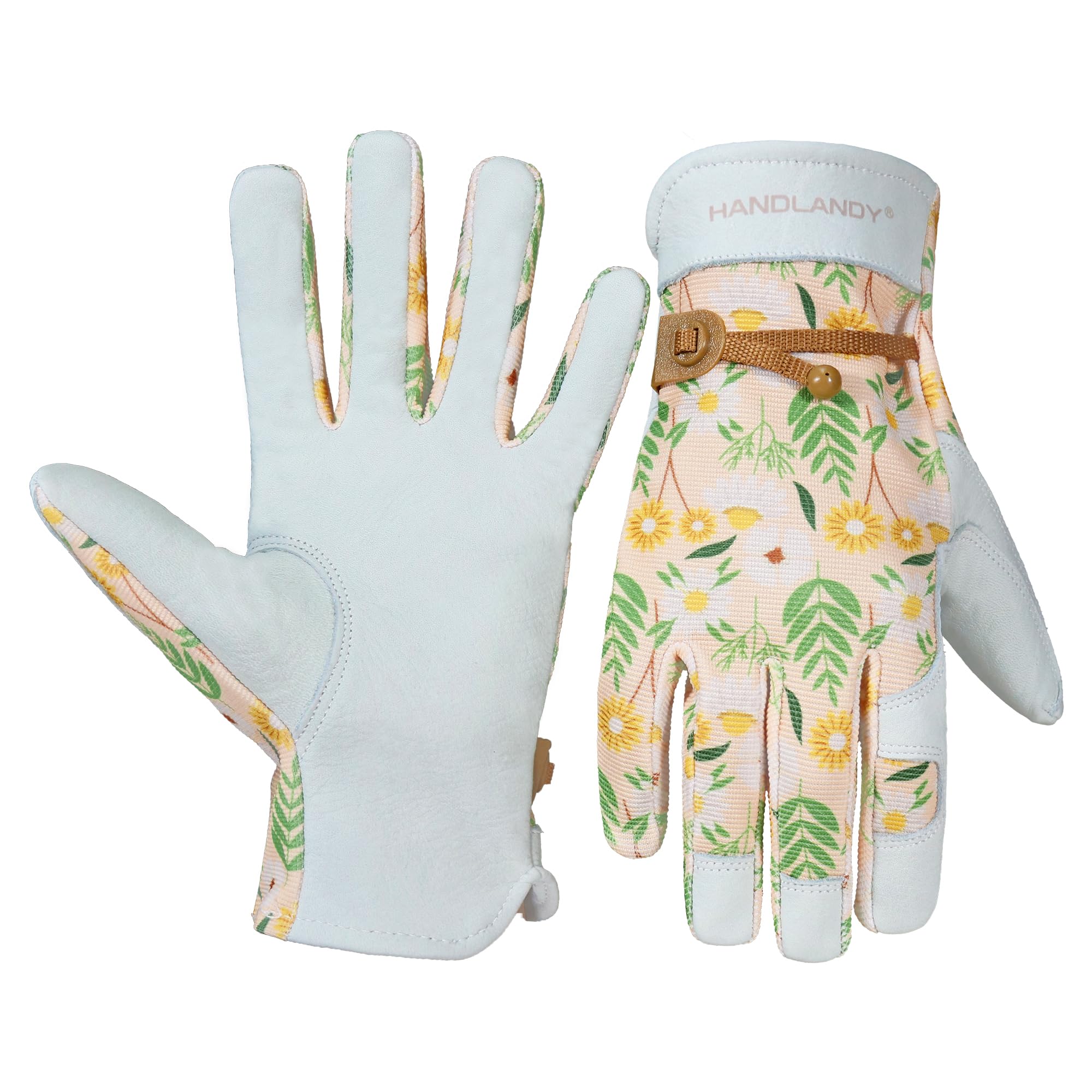 HANDLANDY Gardening Gloves for Women, white leather palm front view