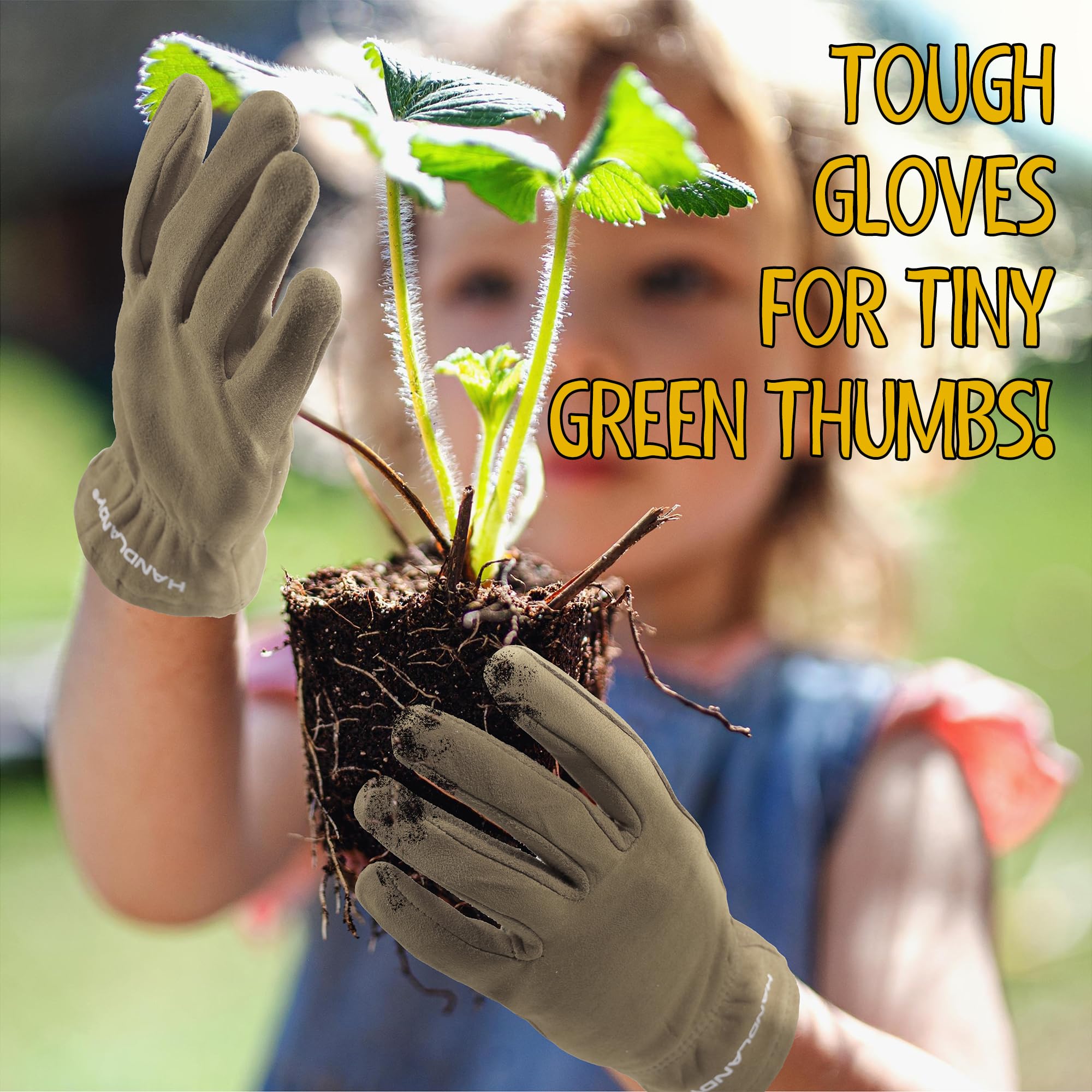 HANDLANDY Kids Gardening Gloves, displayed with gardening tools