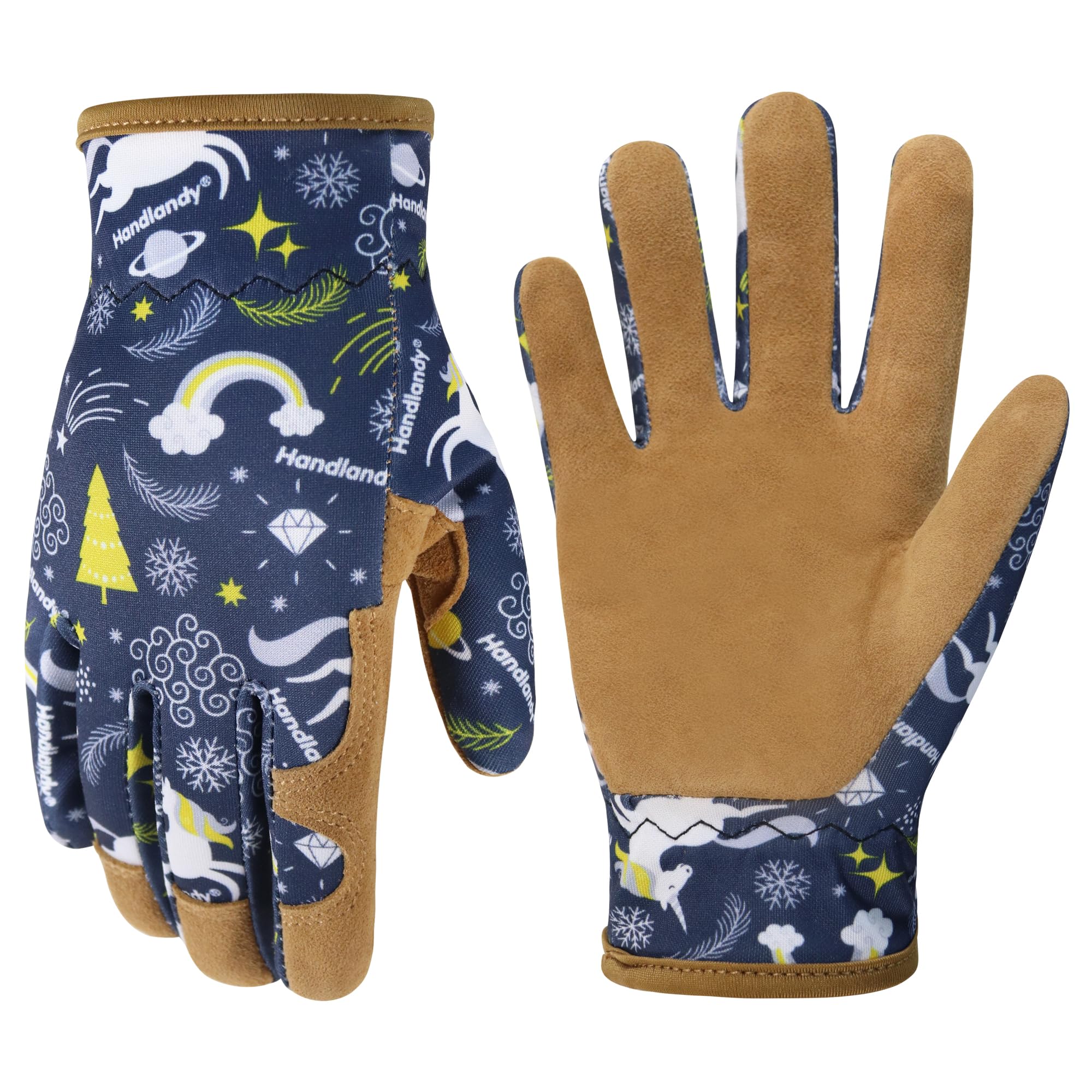 HANDLANDY Kids Leather Gardening Gloves front view in blue