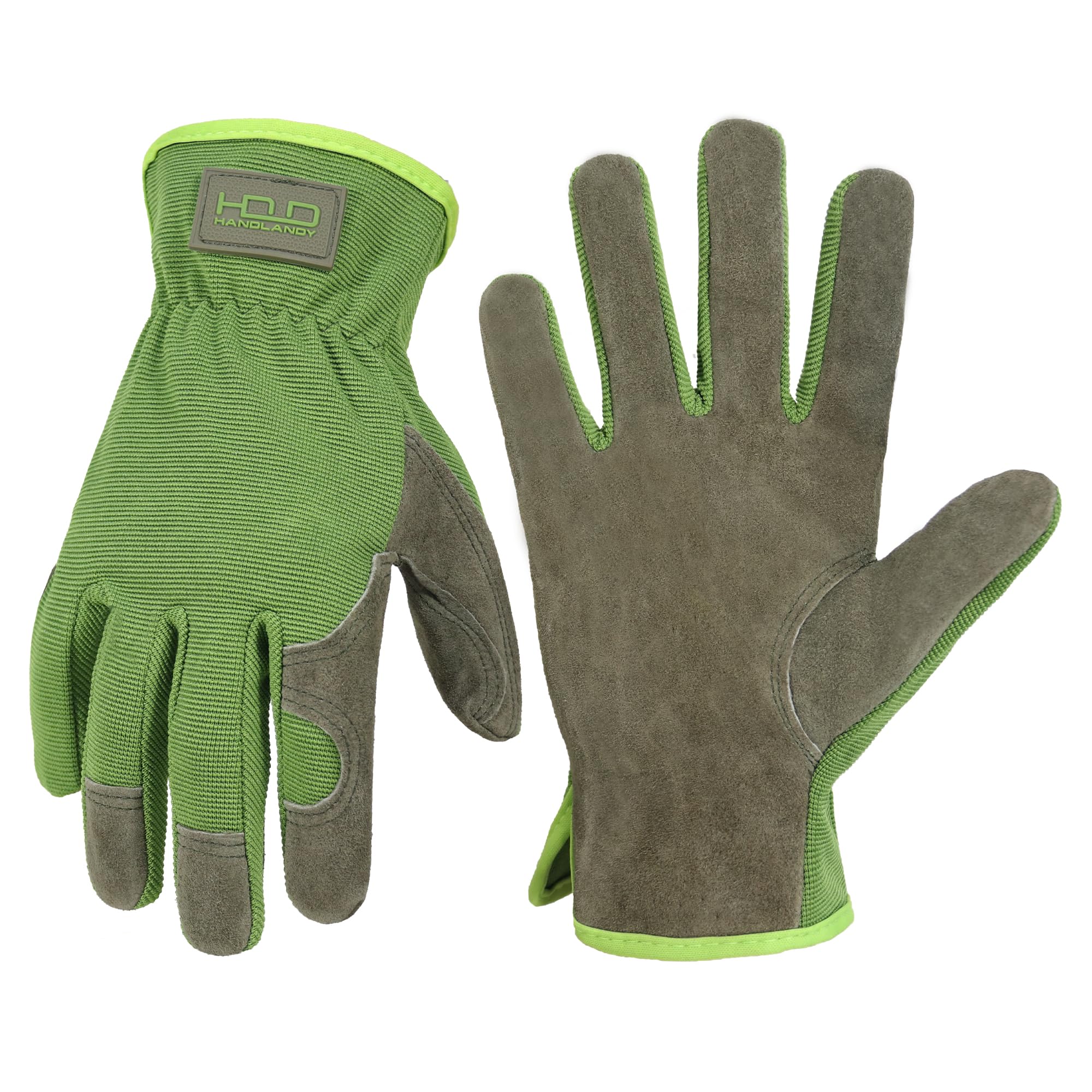 HANDLANDY Leather Gardening Gloves front view, green, large