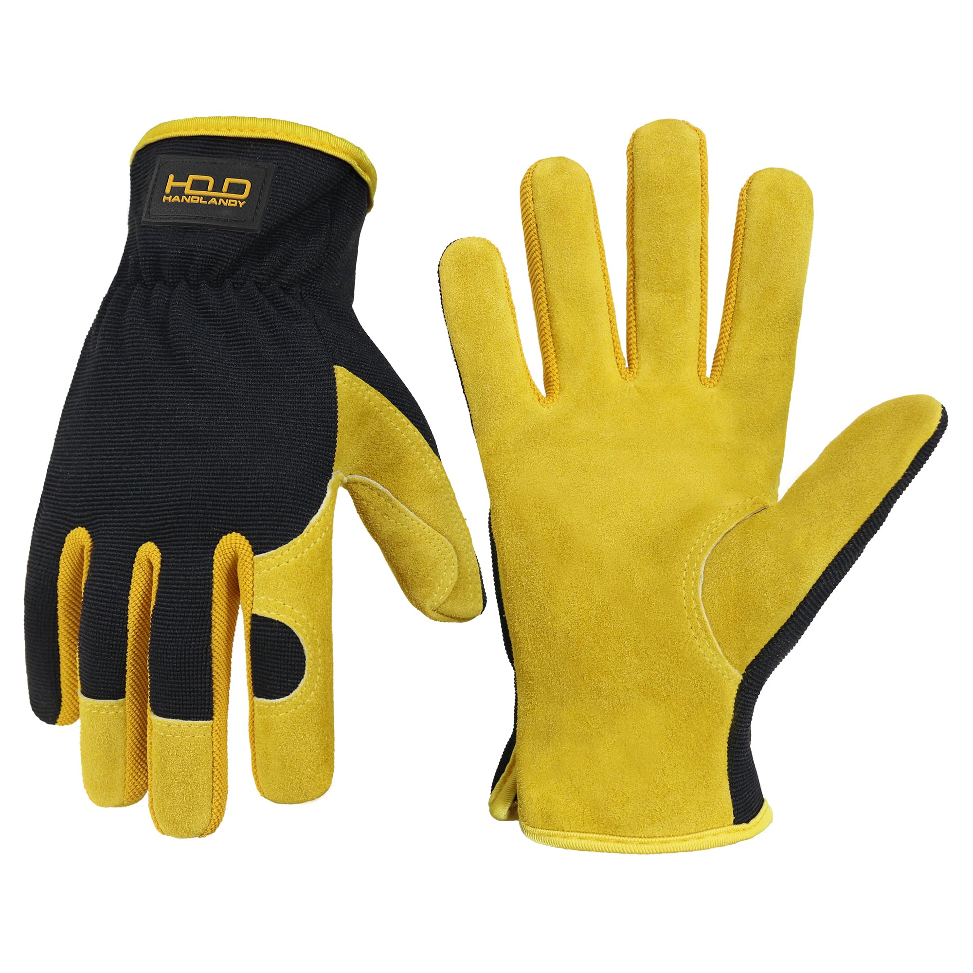 HANDLANDY Leather Gardening Gloves front view in yellow