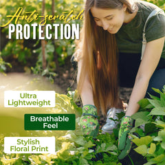Hands wearing HANDLANDY Gardening Gloves performing garden tasks
