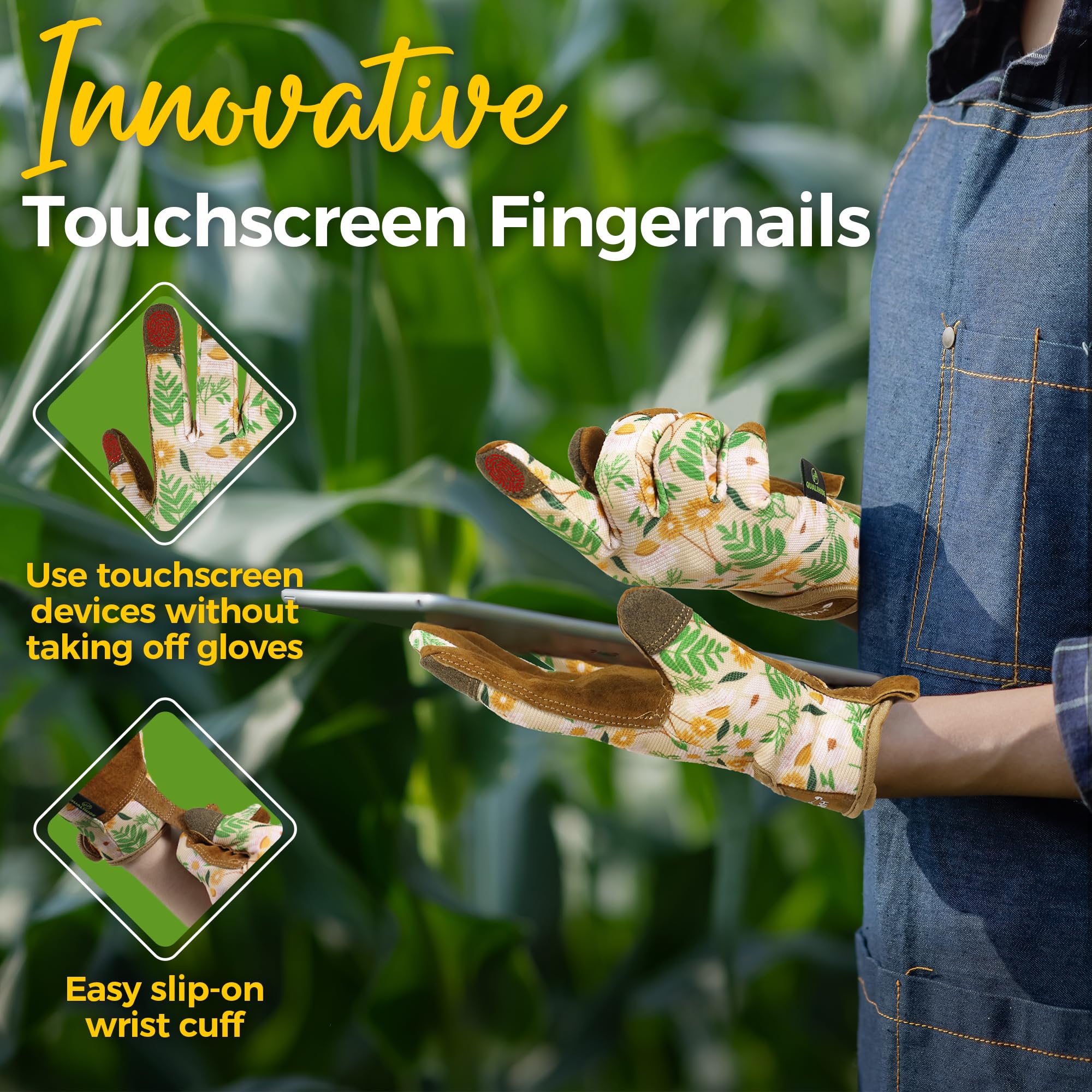 Hands wearing HANDLANDY gardening gloves while planting