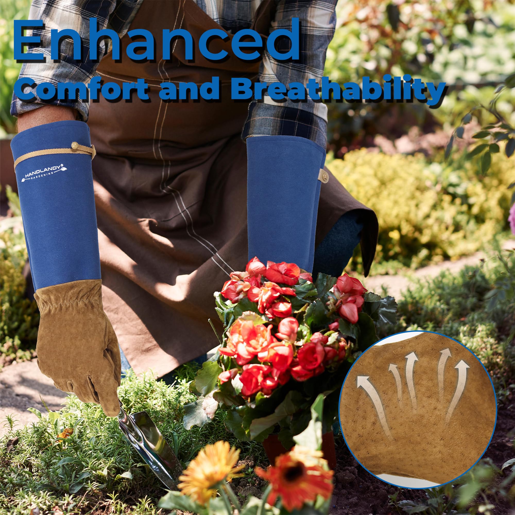 Hands wearing HANDLANDY gloves while pruning roses