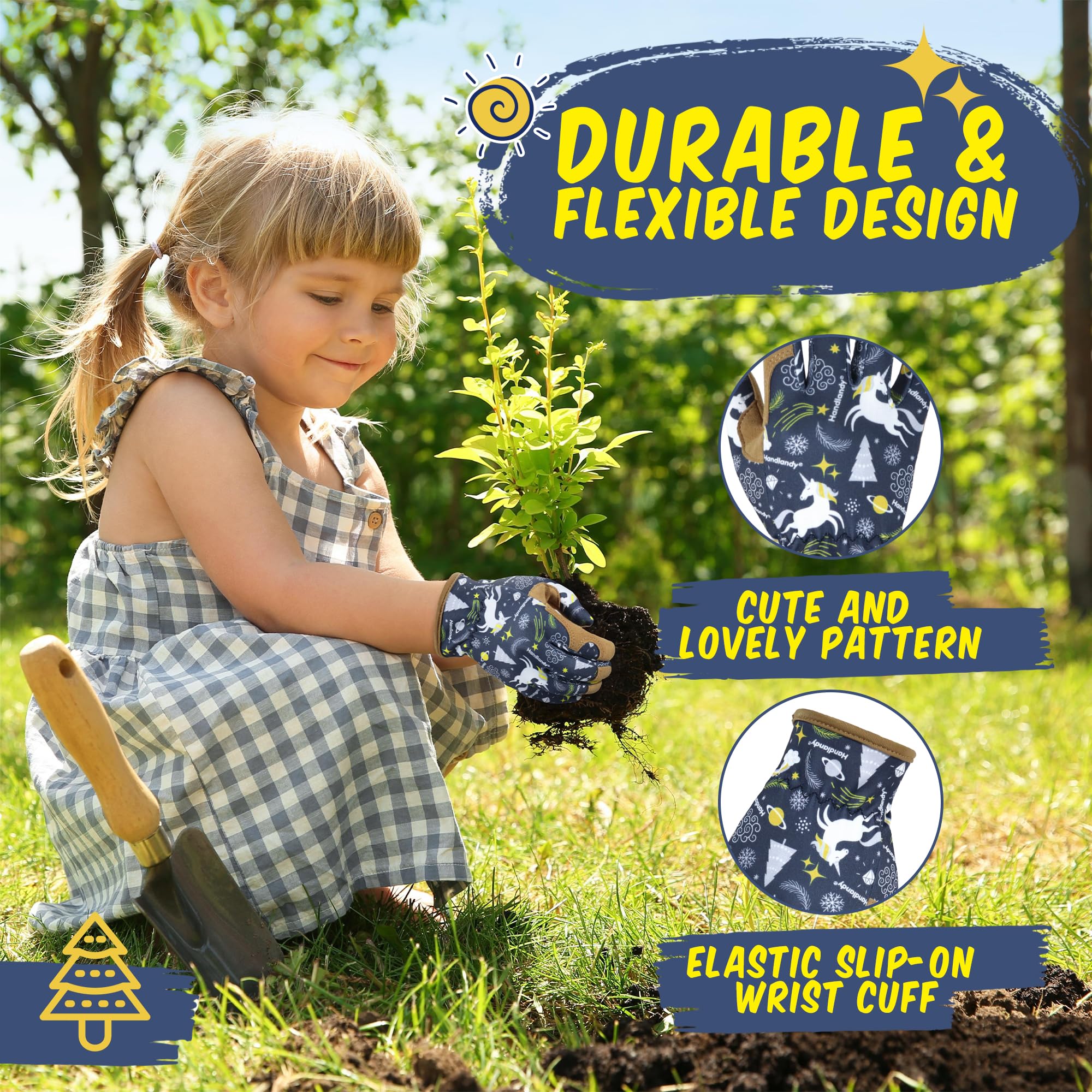 Hands wearing HANDLANDY Kids Leather Gardening Gloves while planting