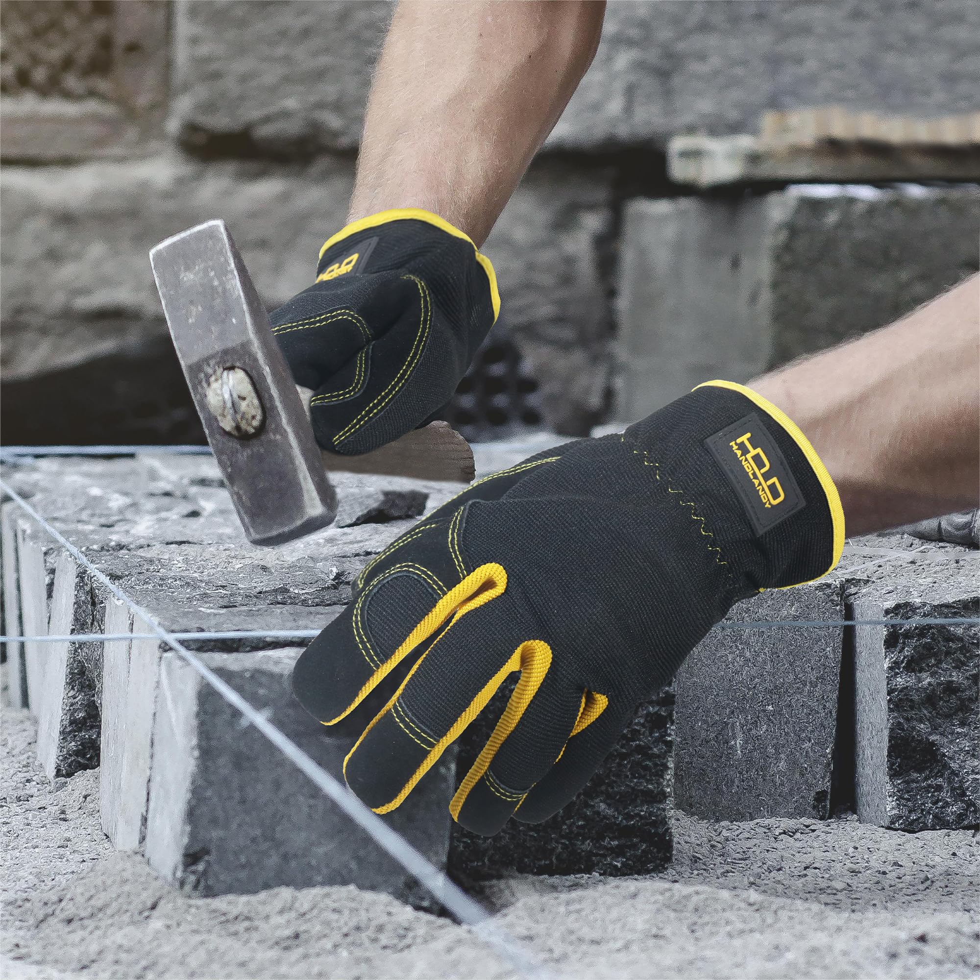 Hands wearing HANDLANDY Leather Gardening Gloves during yard work