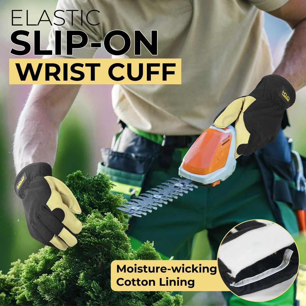 Hands wearing HANDLANDY Leather Gardening Gloves while planting