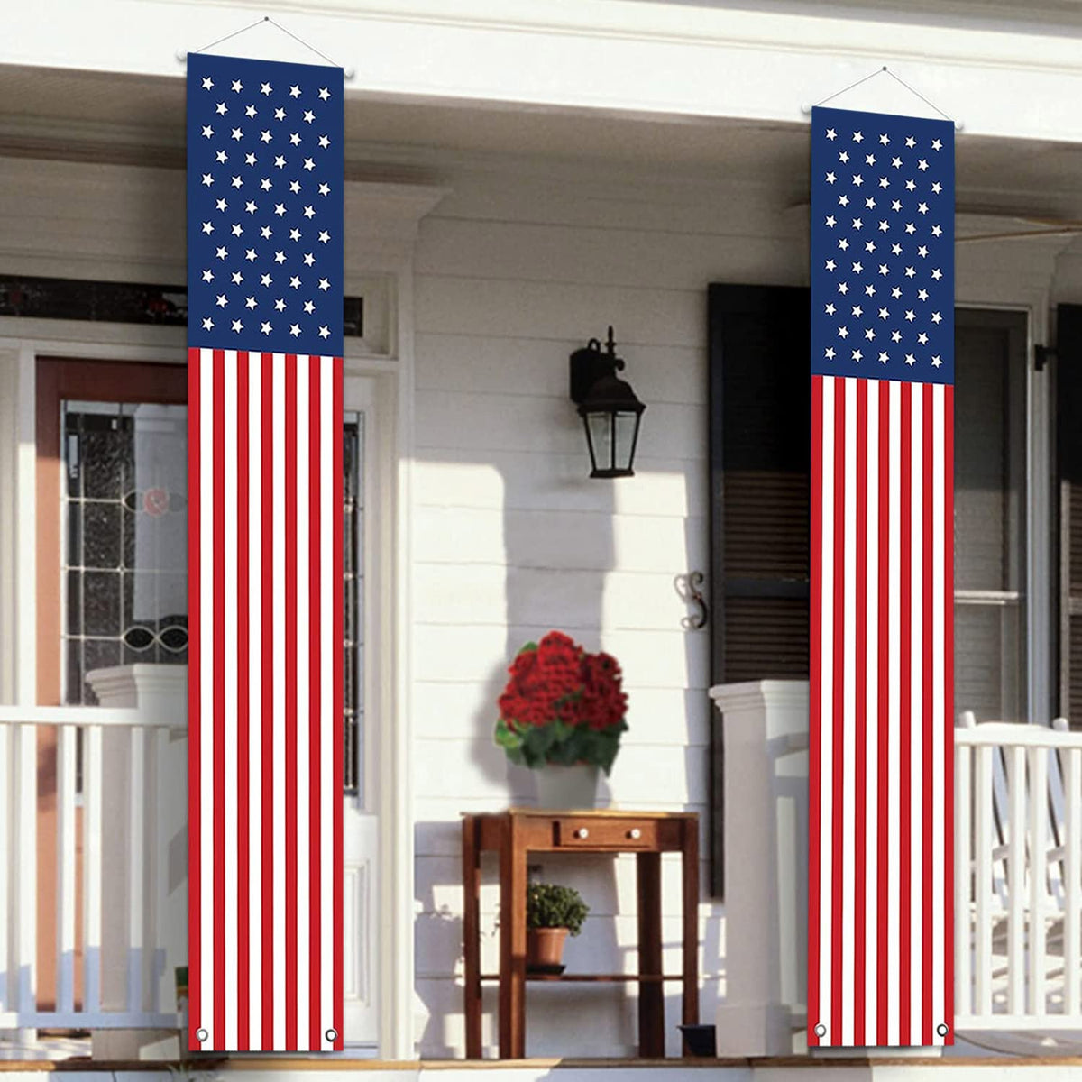 Hanging American Flag Banner front view with stars and stripes design