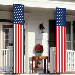 Hanging American Flag Banner front view with stars and stripes design