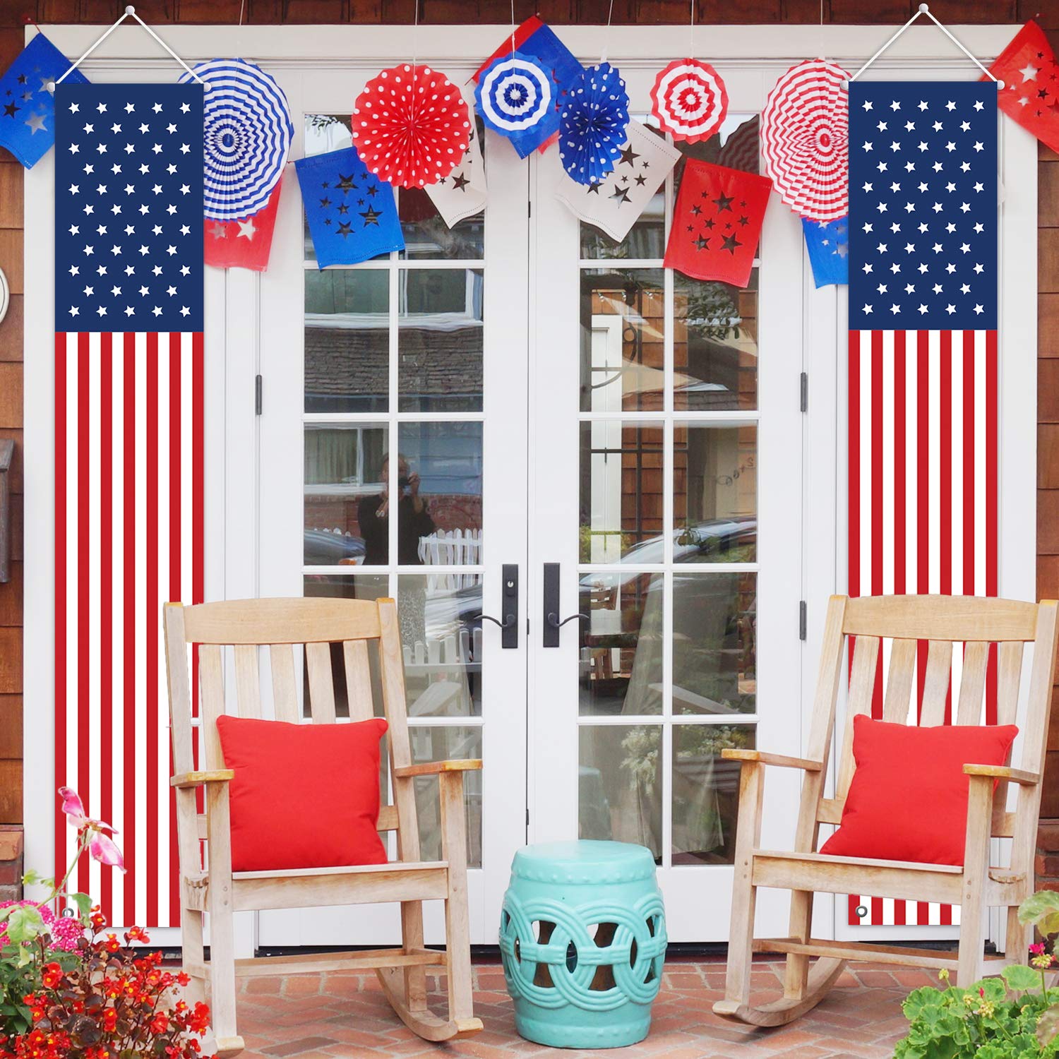 Hanging American Flag Banner showing dimensions of 14" x 72"