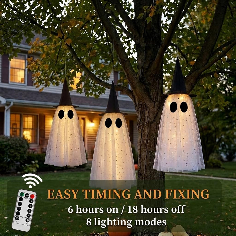 Hanging ghost lights from KIWDY displayed on a porch