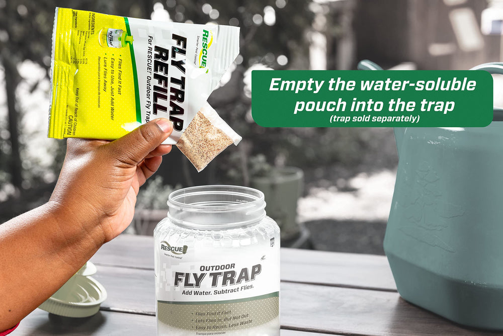 Hanging RESCUE! Reusable Fly Trap with bait refill outdoors