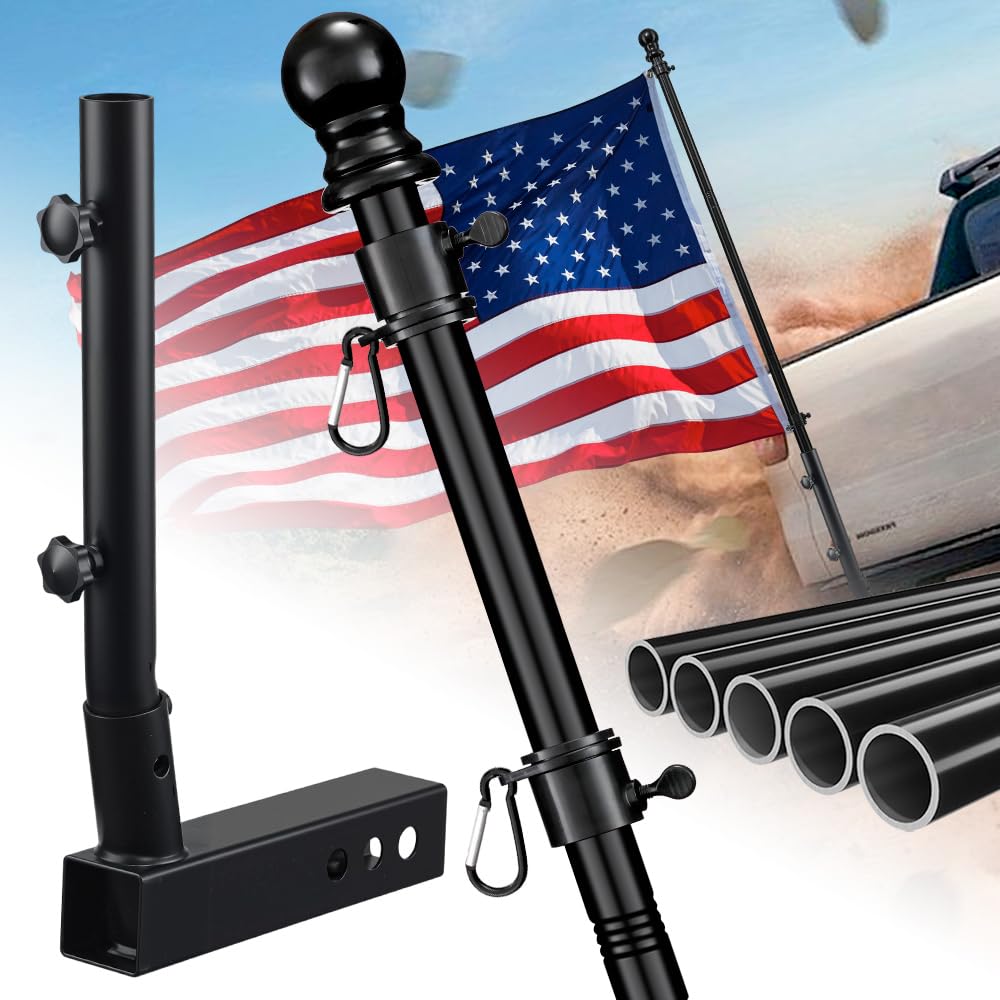 HANGMAICOME 6FT Truck Flag Pole with black hitch holder