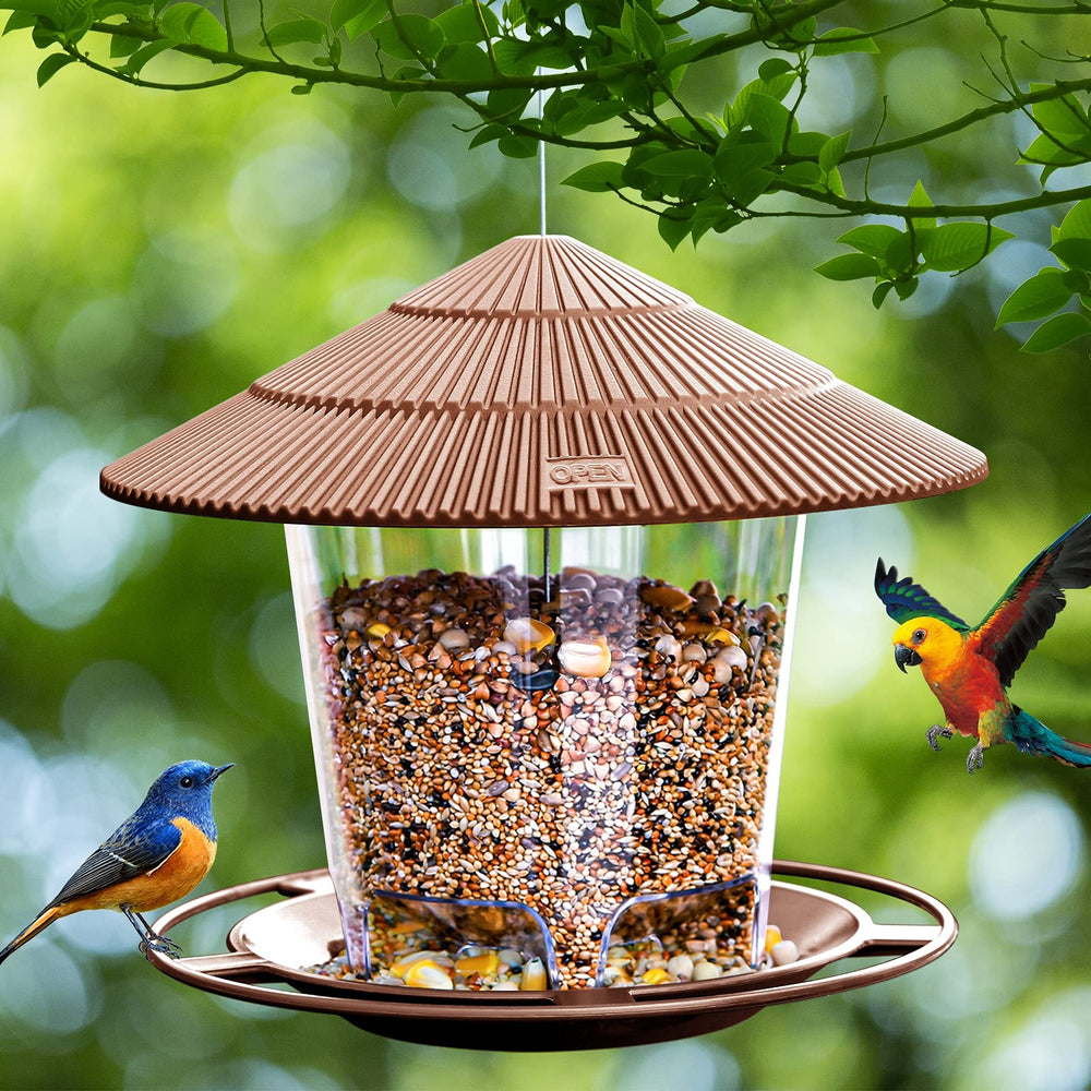 Hanizi Bird Feeder hanging in a garden with birds