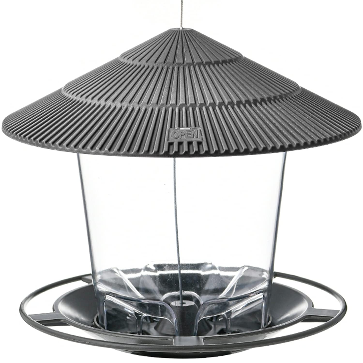 Hanizi Bird Feeder showing the top lid open with seeds