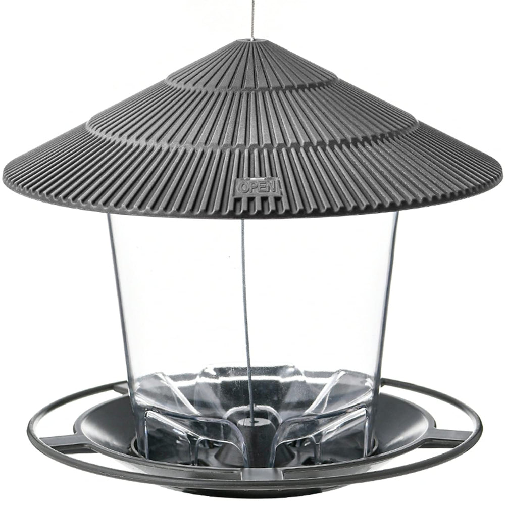 Hanizi Bird Feeder showing the top lid open with seeds