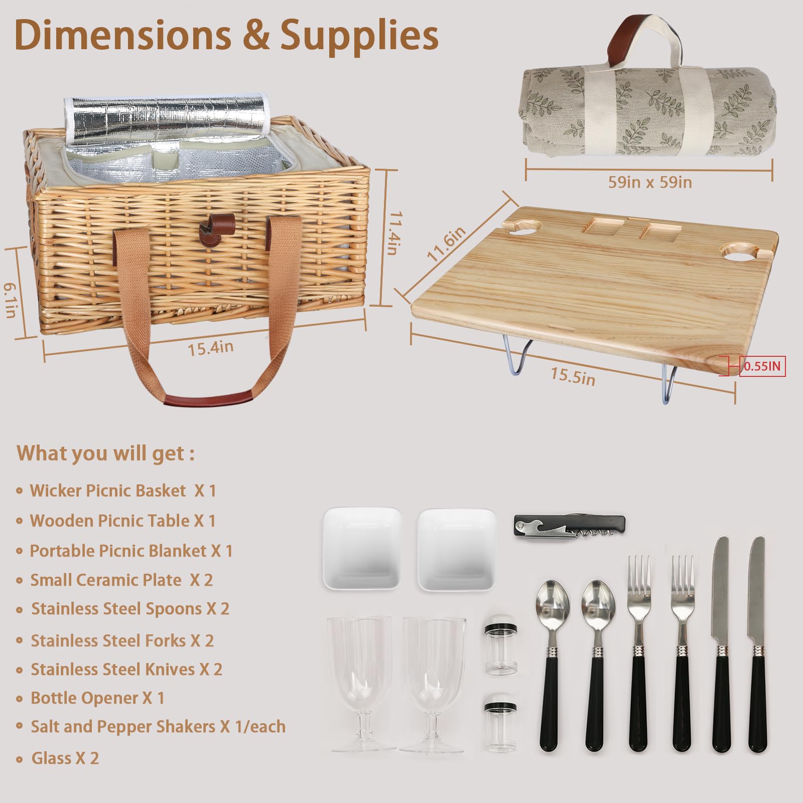 Hap Tim wicker picnic basket with wine glasses and accessories