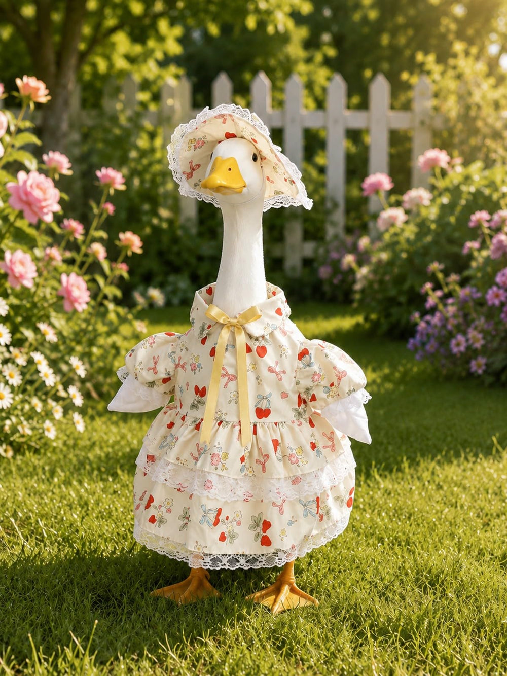 Happy Birthday themed LKMXD Porch Goose Outfit on a garden statue