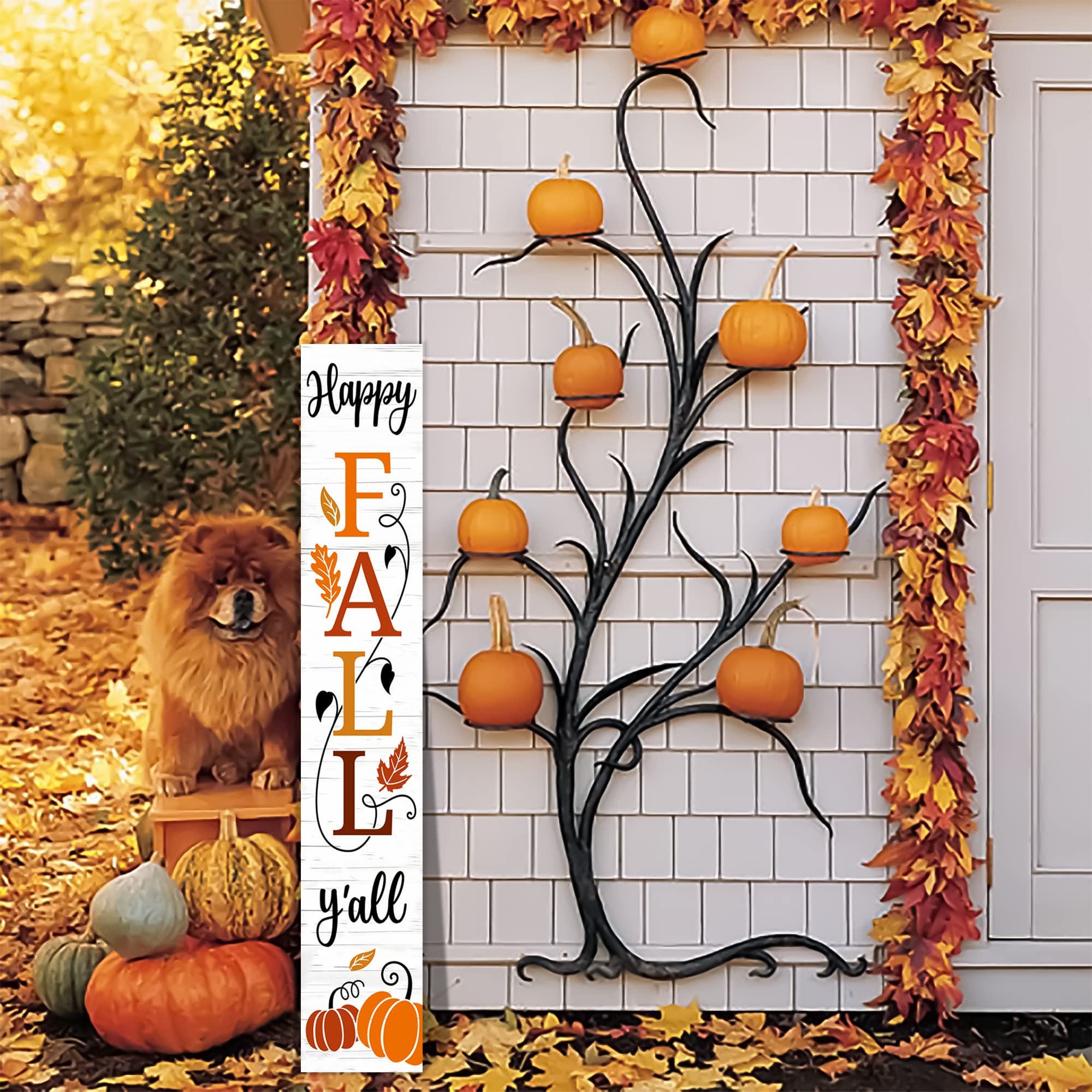 Happy Fall Y'all wooden sign hanging on a porch