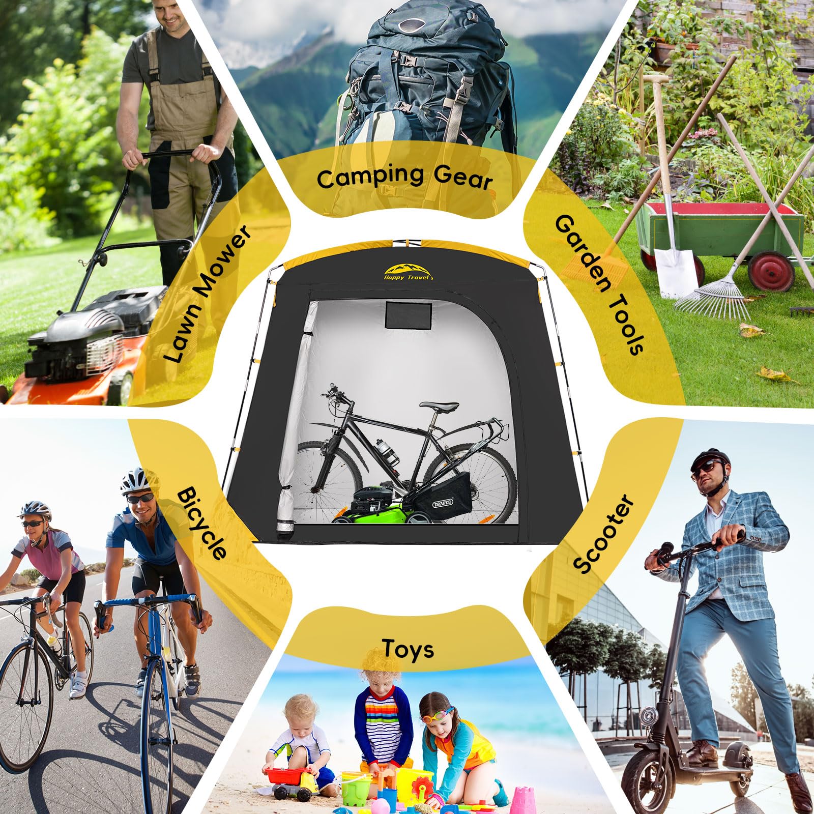 HAPPY TRAVEL Bike Storage Shed Tent with garden tools
