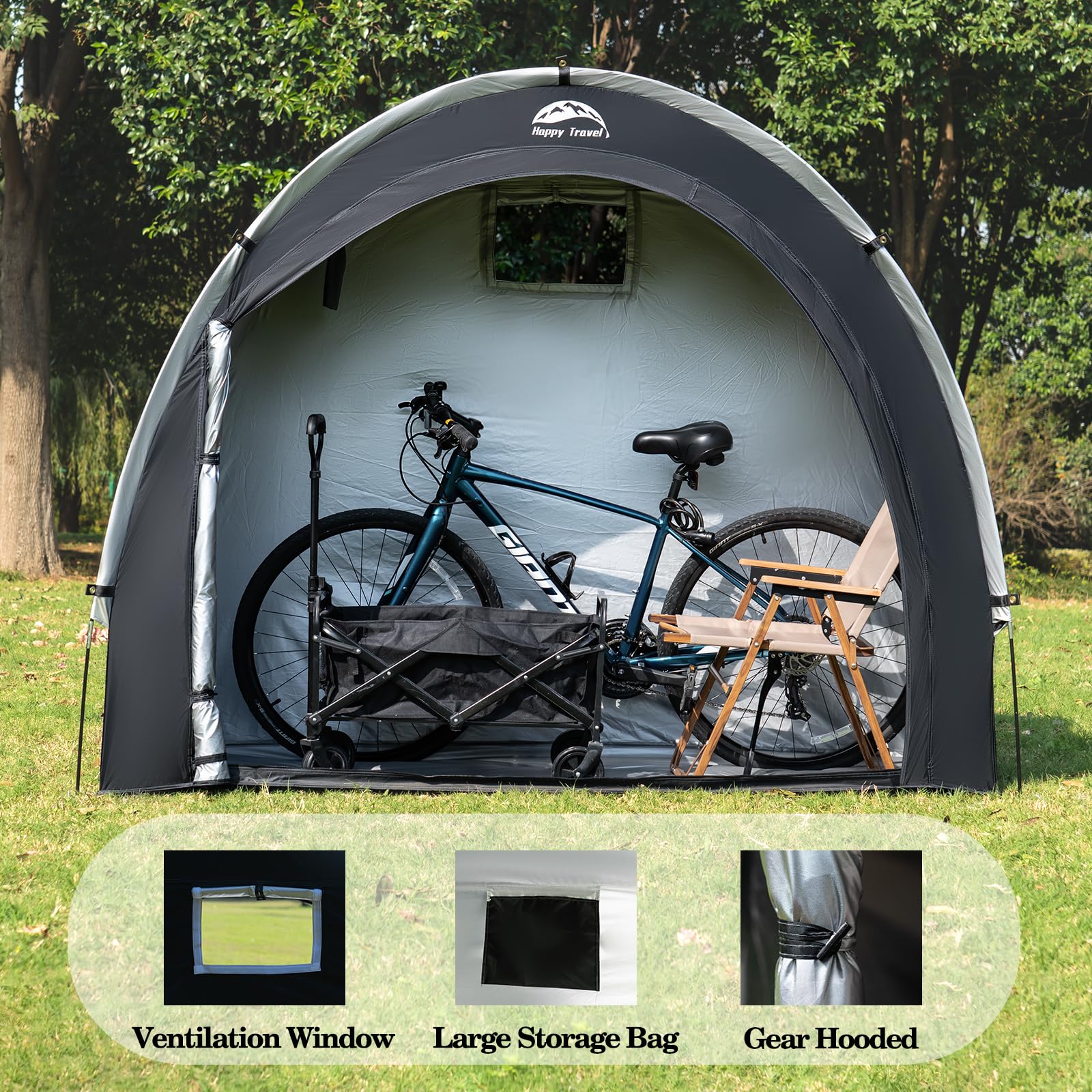 HAPPY TRAVEL Bike Storage Tent in backyard with bikes stored inside