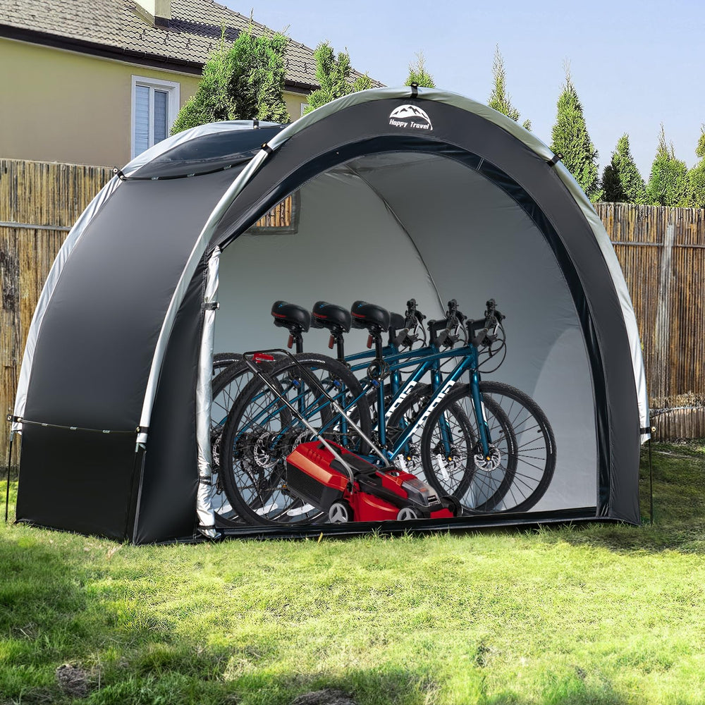 HAPPY TRAVEL Bike Storage Tent showcasing zipper and ventilation window