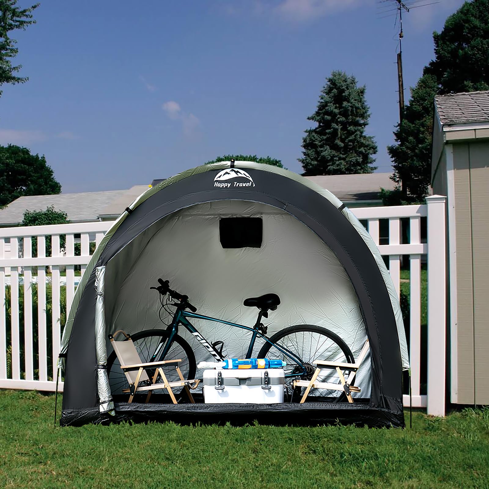 HAPPY TRAVEL Bike Storage Tent with garden tools inside