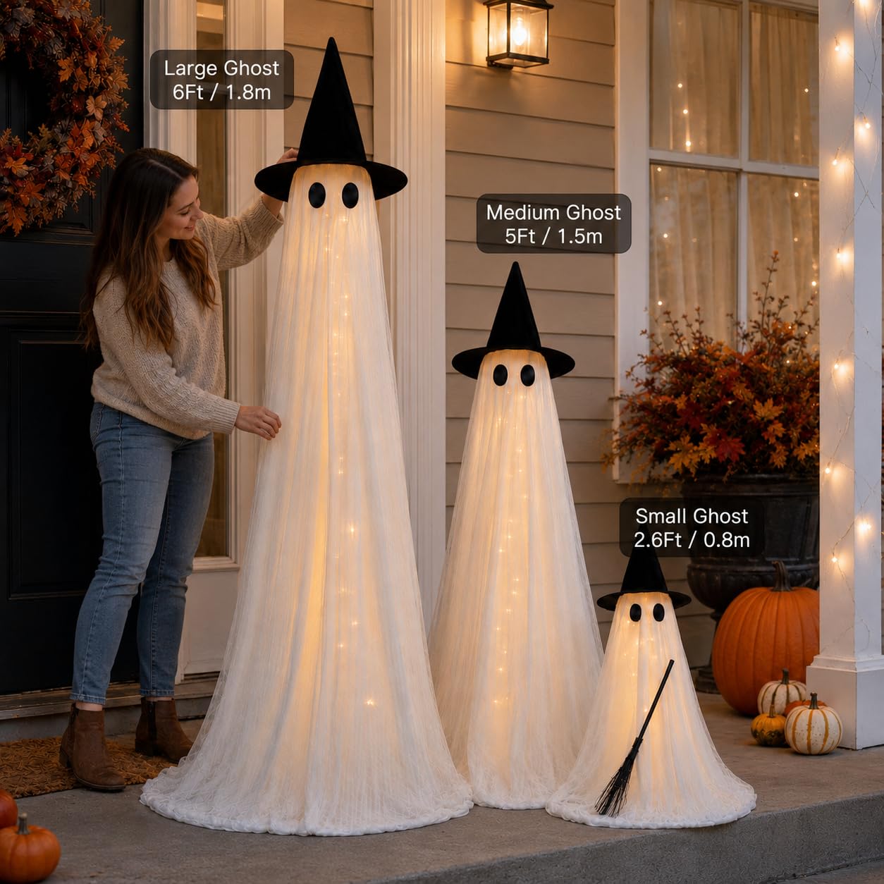 HAPPYCLUB 5FT ghost with bow and broom in outdoor setting