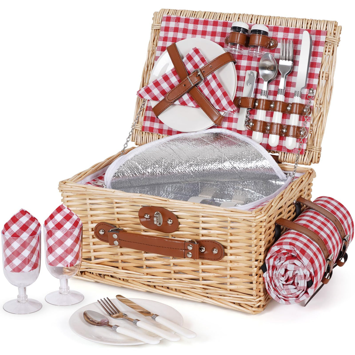 HappyPicnic picnic basket set for 2 with red check pattern