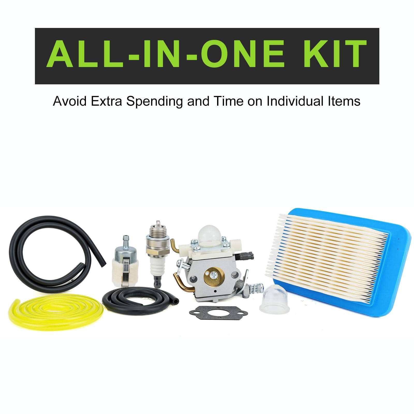 Harbot carburetor kit components including spark plug and filters