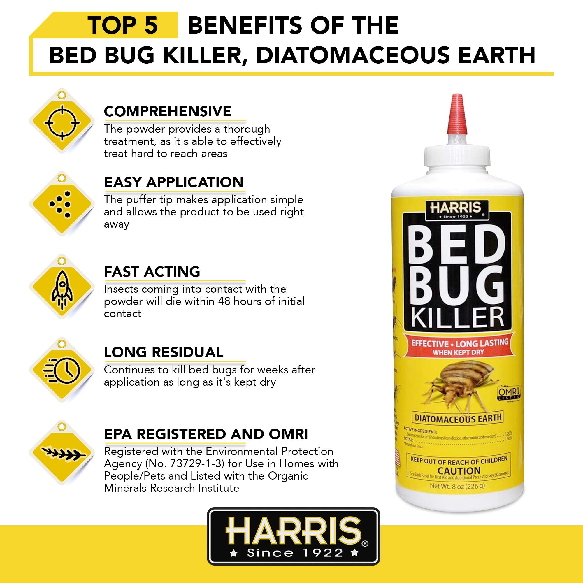 HARRIS Bed Bug Powder 8oz back view with usage directions