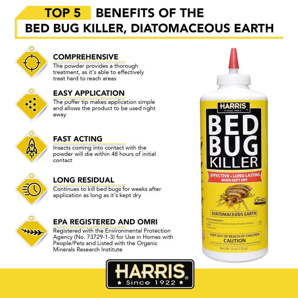 HARRIS Bed Bug Powder 8oz back view with usage directions
