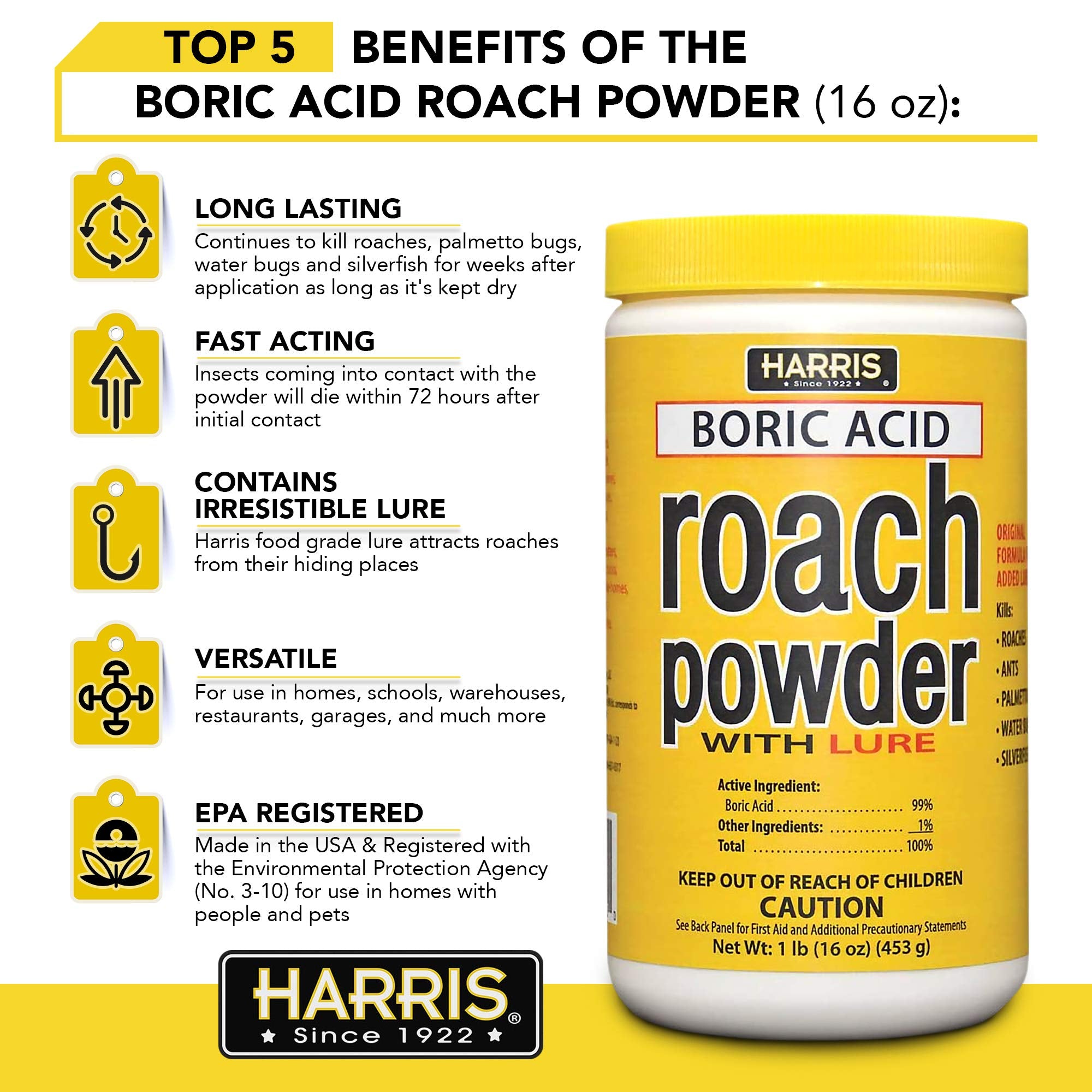 HARRIS Boric Acid Roach Killer Powder, 16oz side view with label details