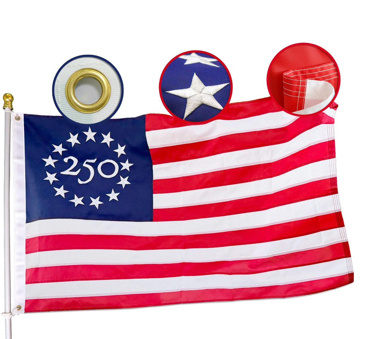 HASRLWINS 3x5 FT American Anniversary Flag front view with 13 embroidered stars