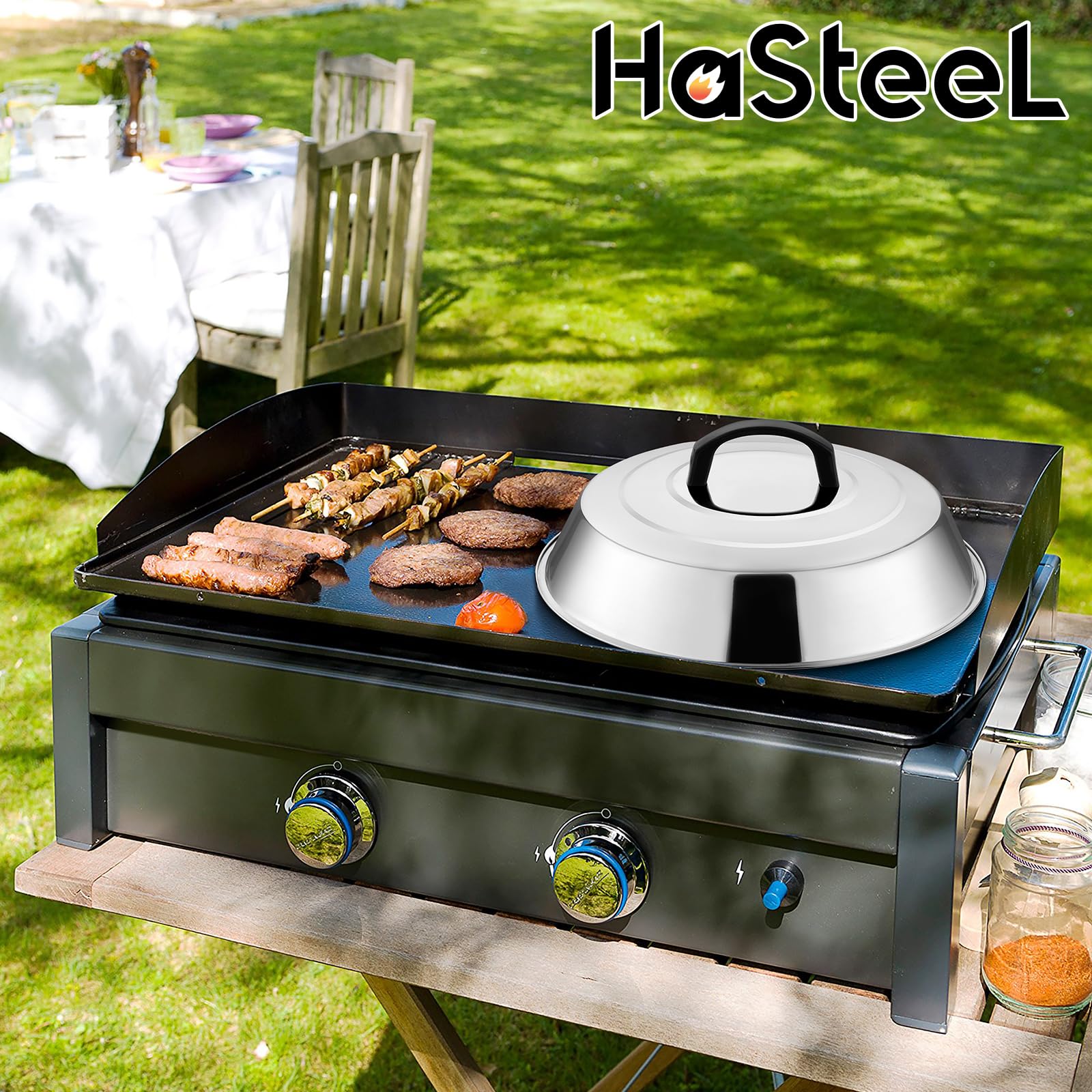 HaSteeL Cheese Melting Dome showing perfect fit on a flat top grill