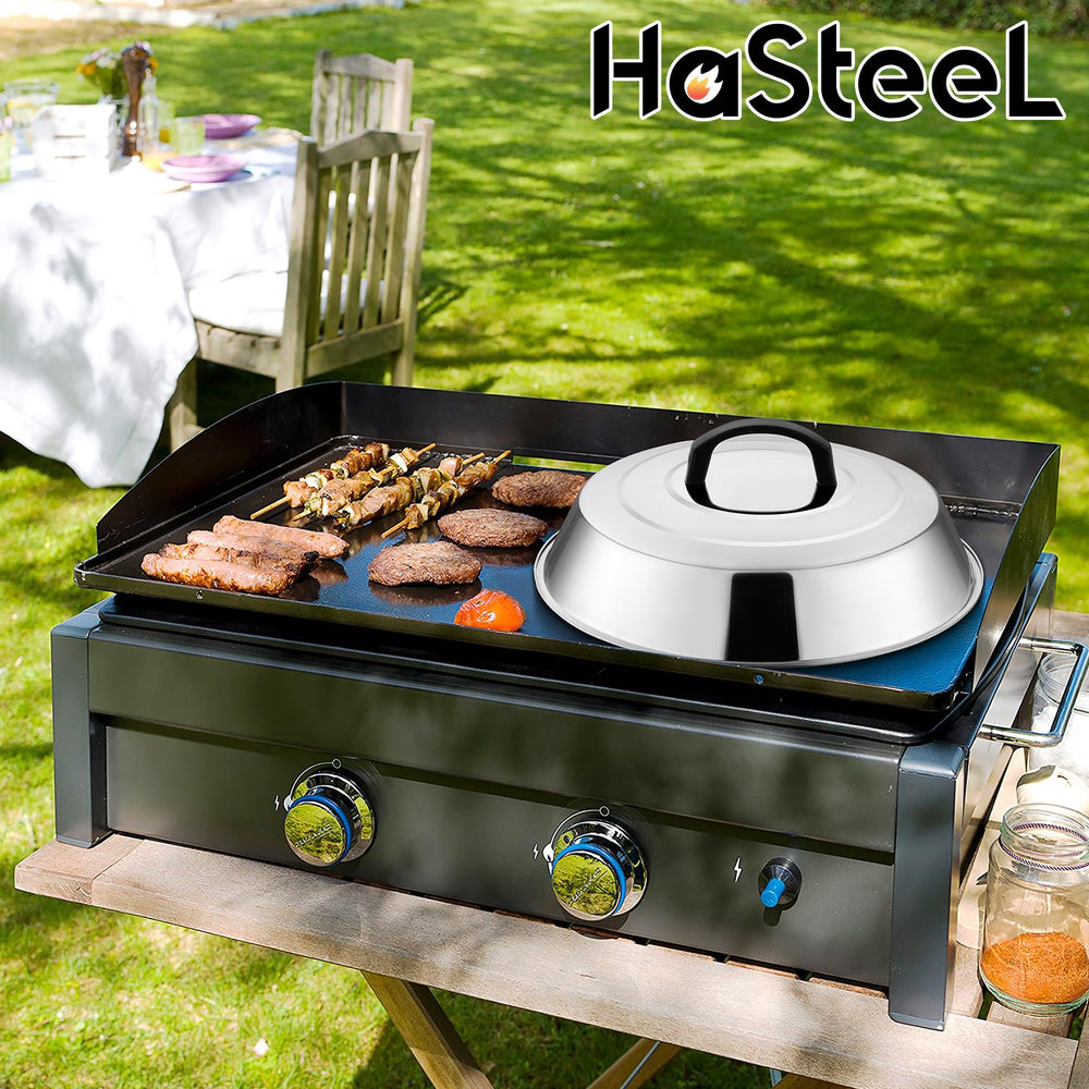 HaSteeL Cheese Melting Dome showing perfect fit on a flat top grill