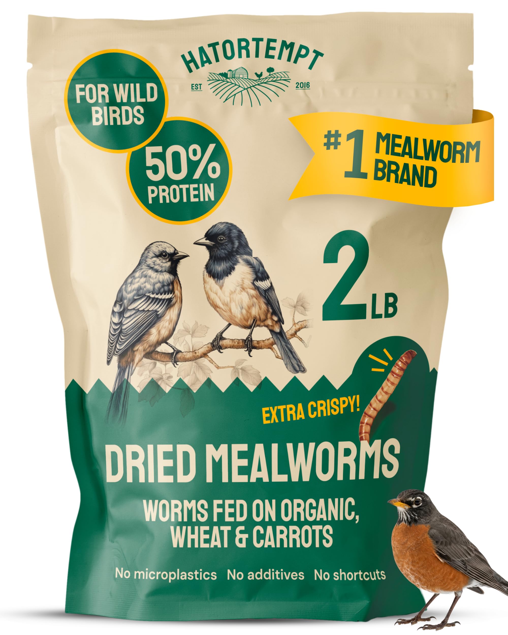 Hatortempt 2 lb dried mealworms front view in resealable bag