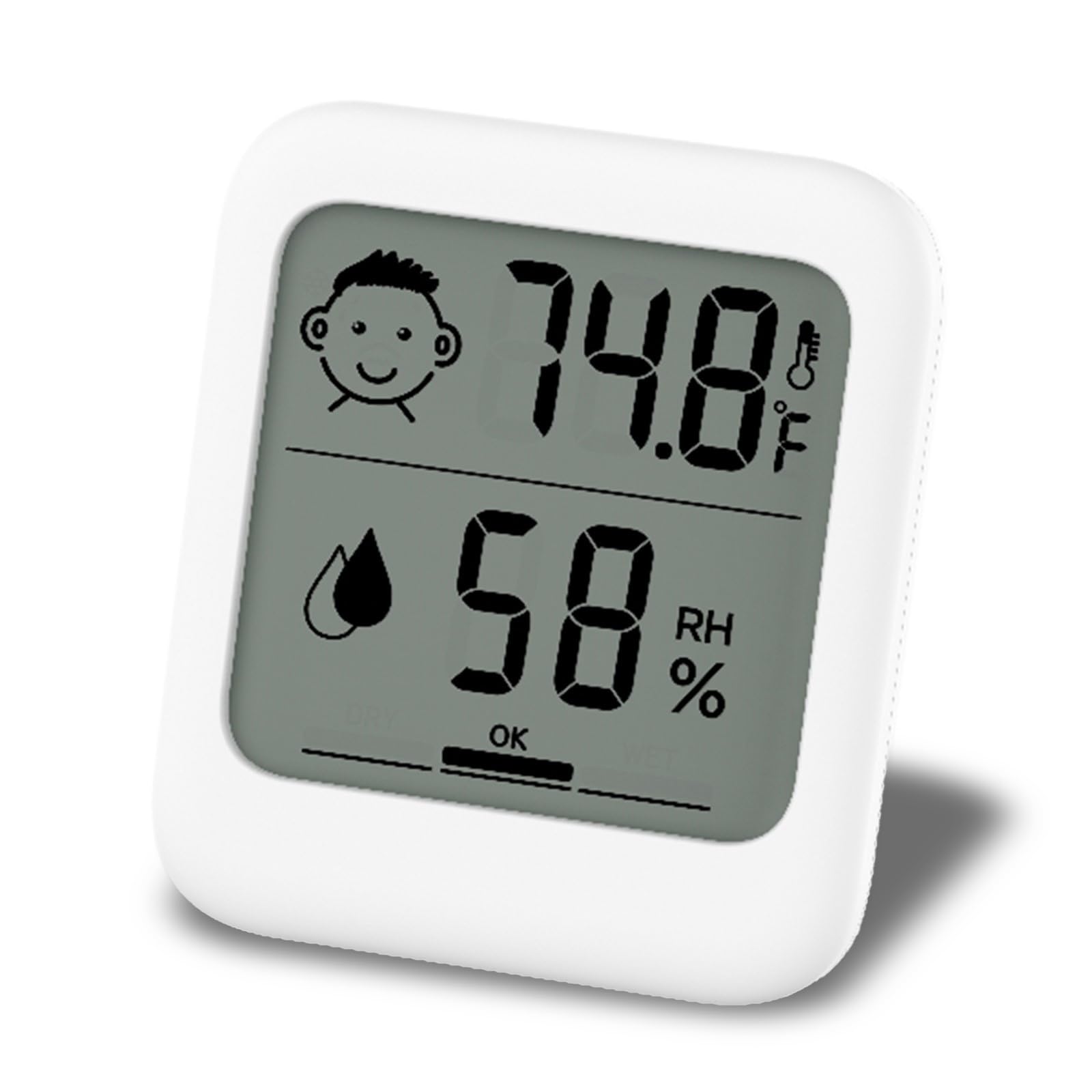 HATUSOKU Digital Thermometer and Hygrometer front view, white display