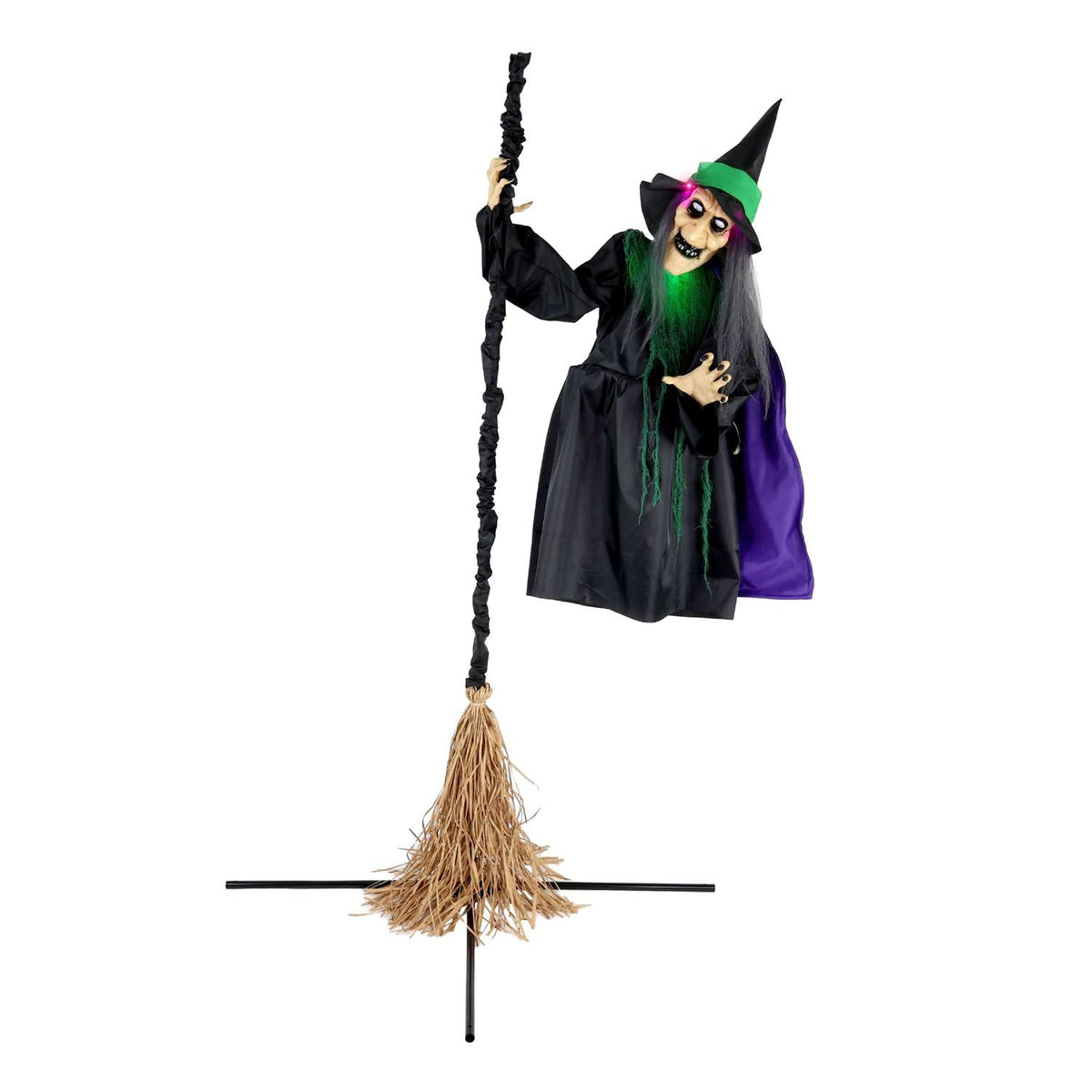 Haunted Hill Farm 6-Ft Flying Witch Animatronic front view with glowing lights